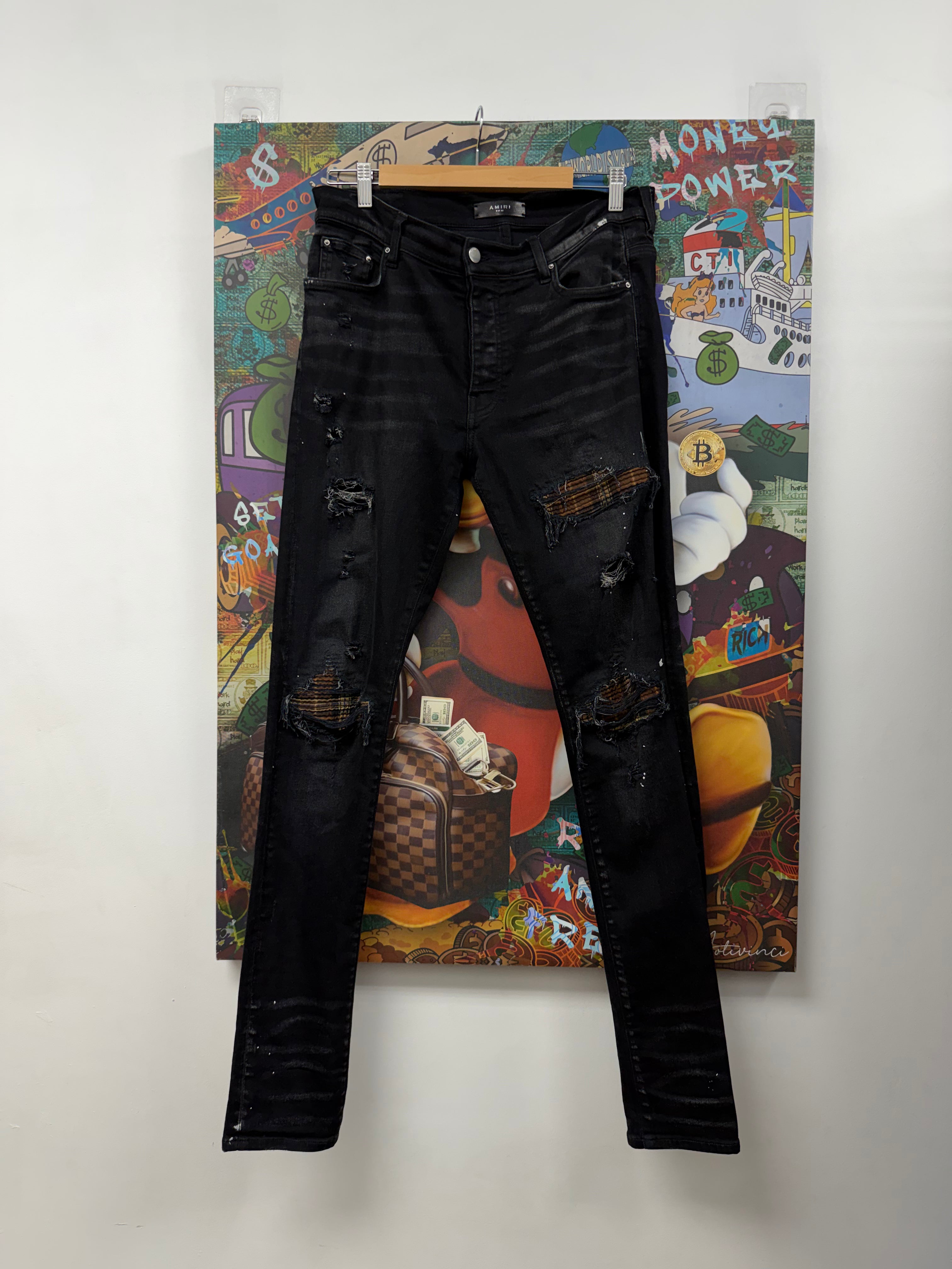 Amiri MX1 Black Wash Brown Plaid Patch Jeans