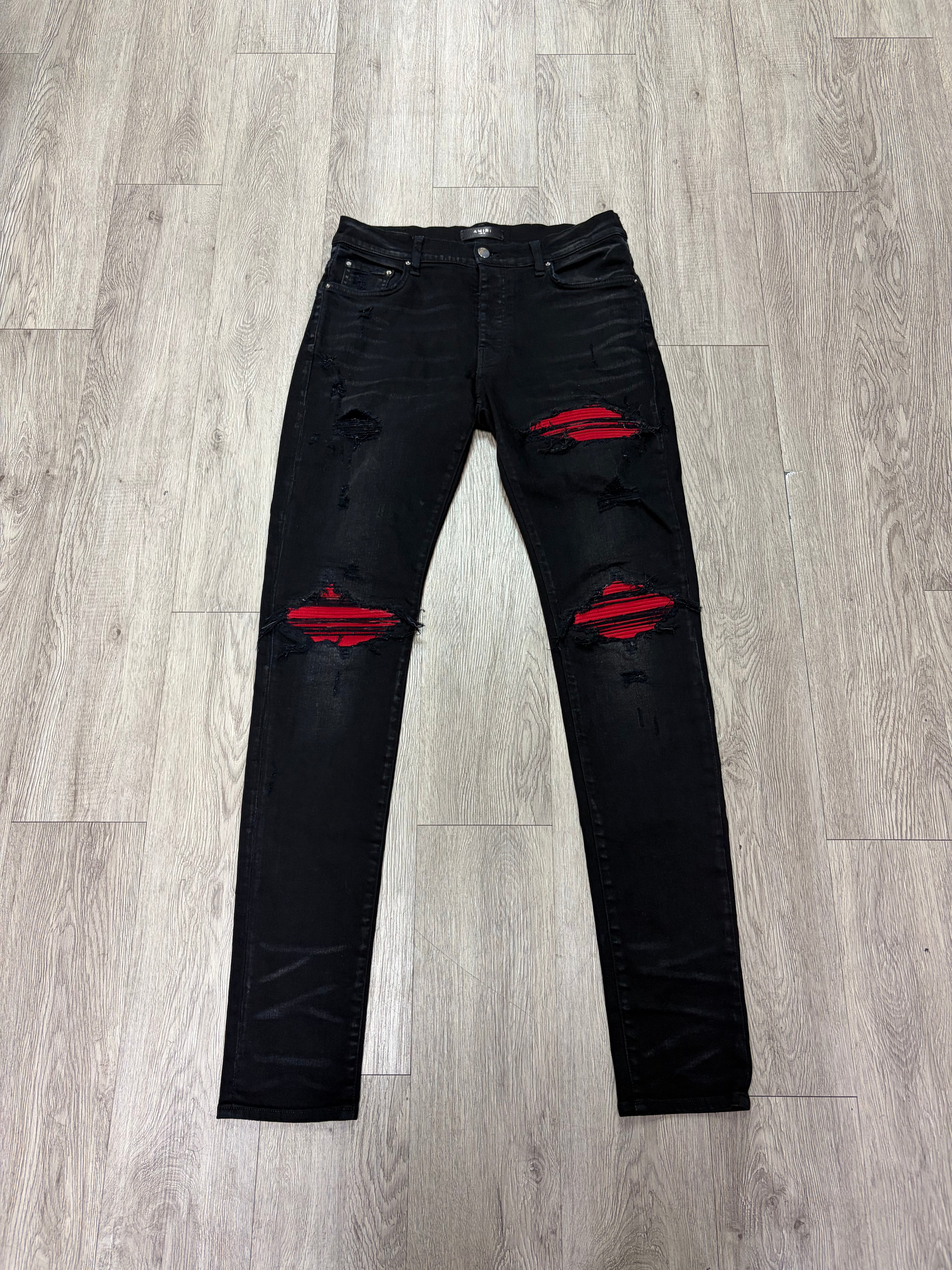 Amiri MX1 Black Wash Red Utrasuede Patch Jeans
