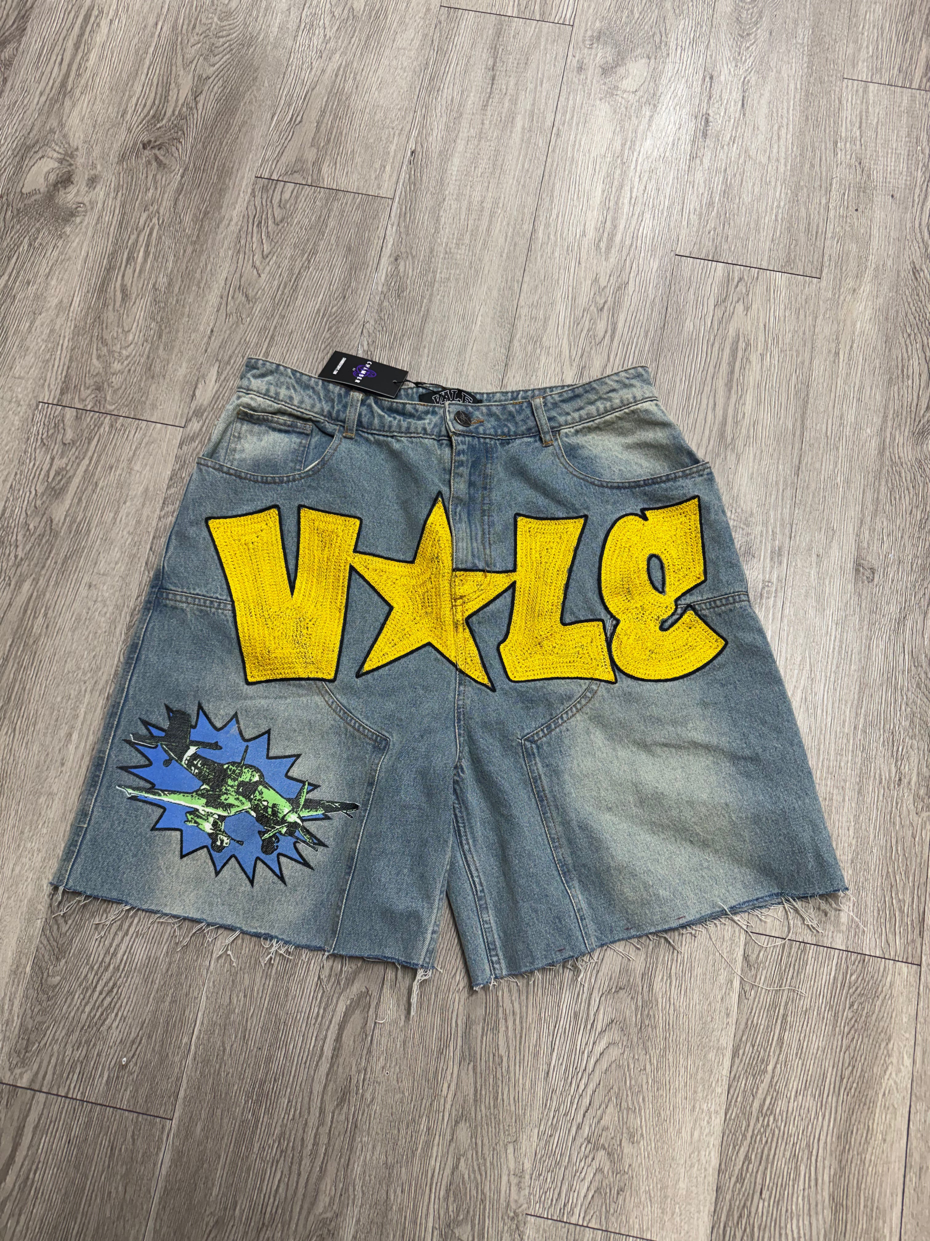 Vale Light Wash Yellow Crotch Jean Shorts