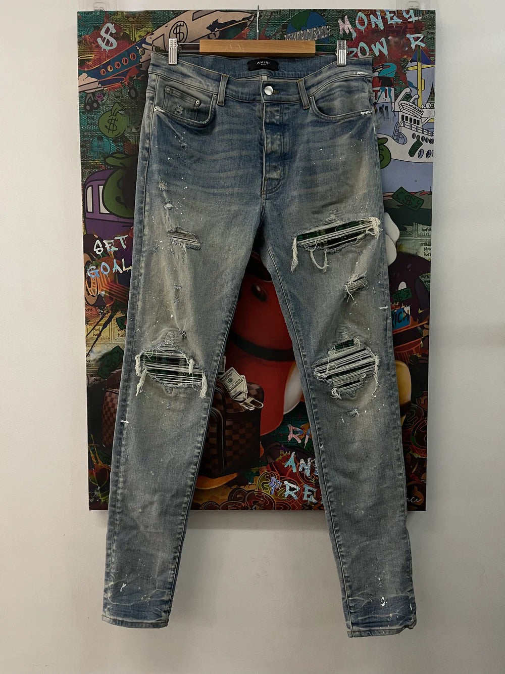 Amiri Plaid Patch MX1 Light Wash & Green Jeans