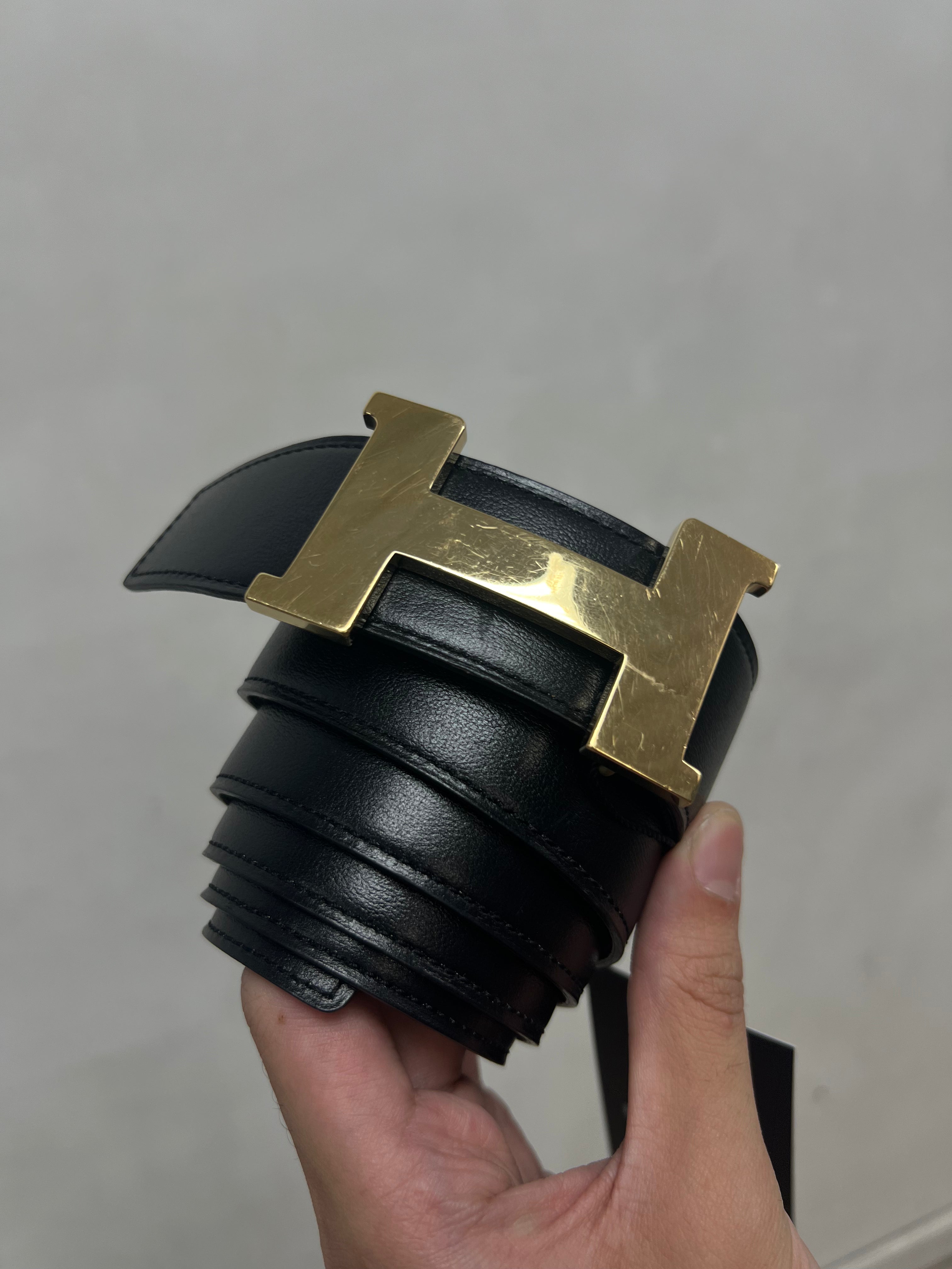 Hermes Black Brown Gold Buckle Reversible Belt