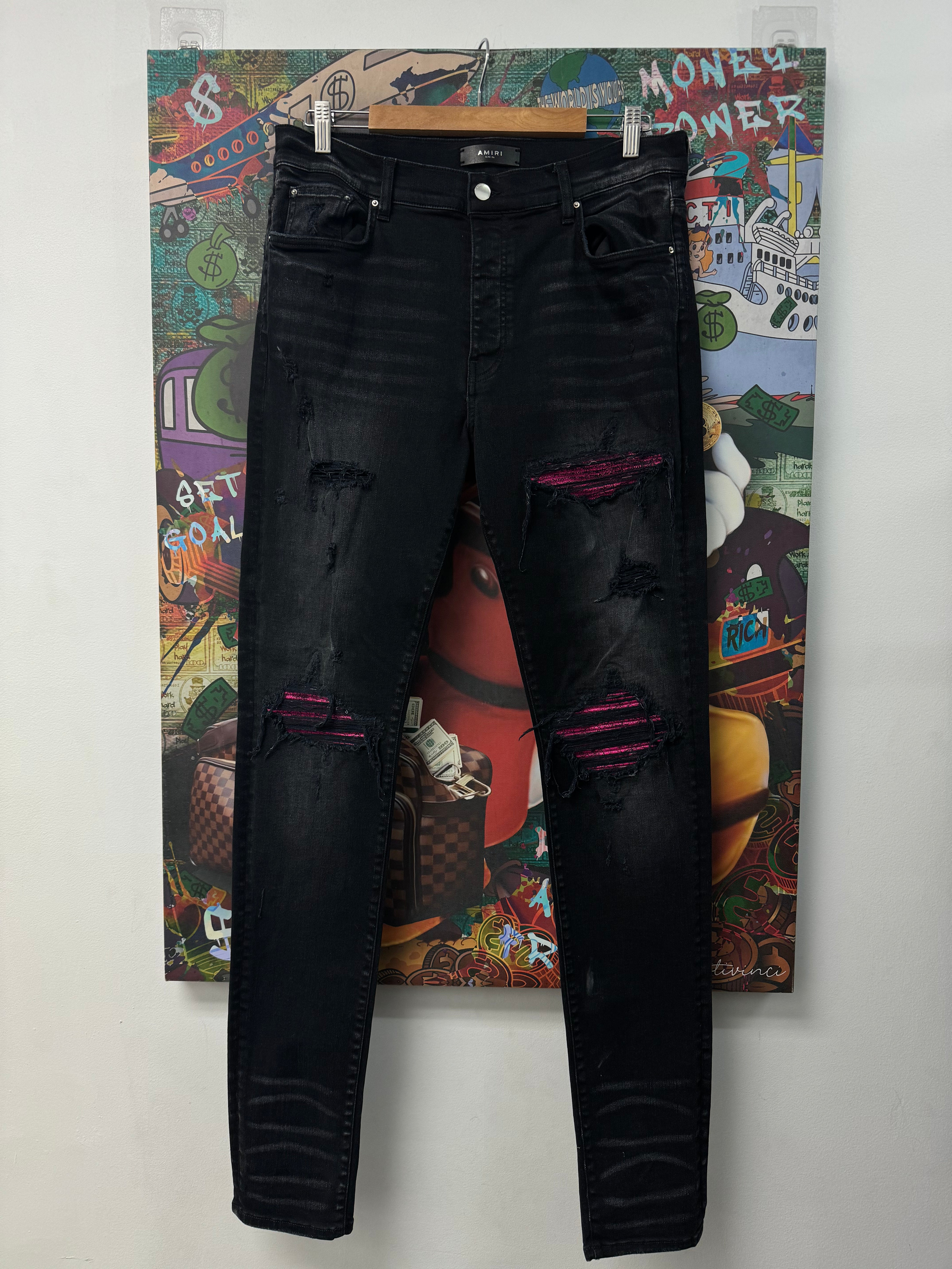 Amiri Black Pink Crackle Jeans
