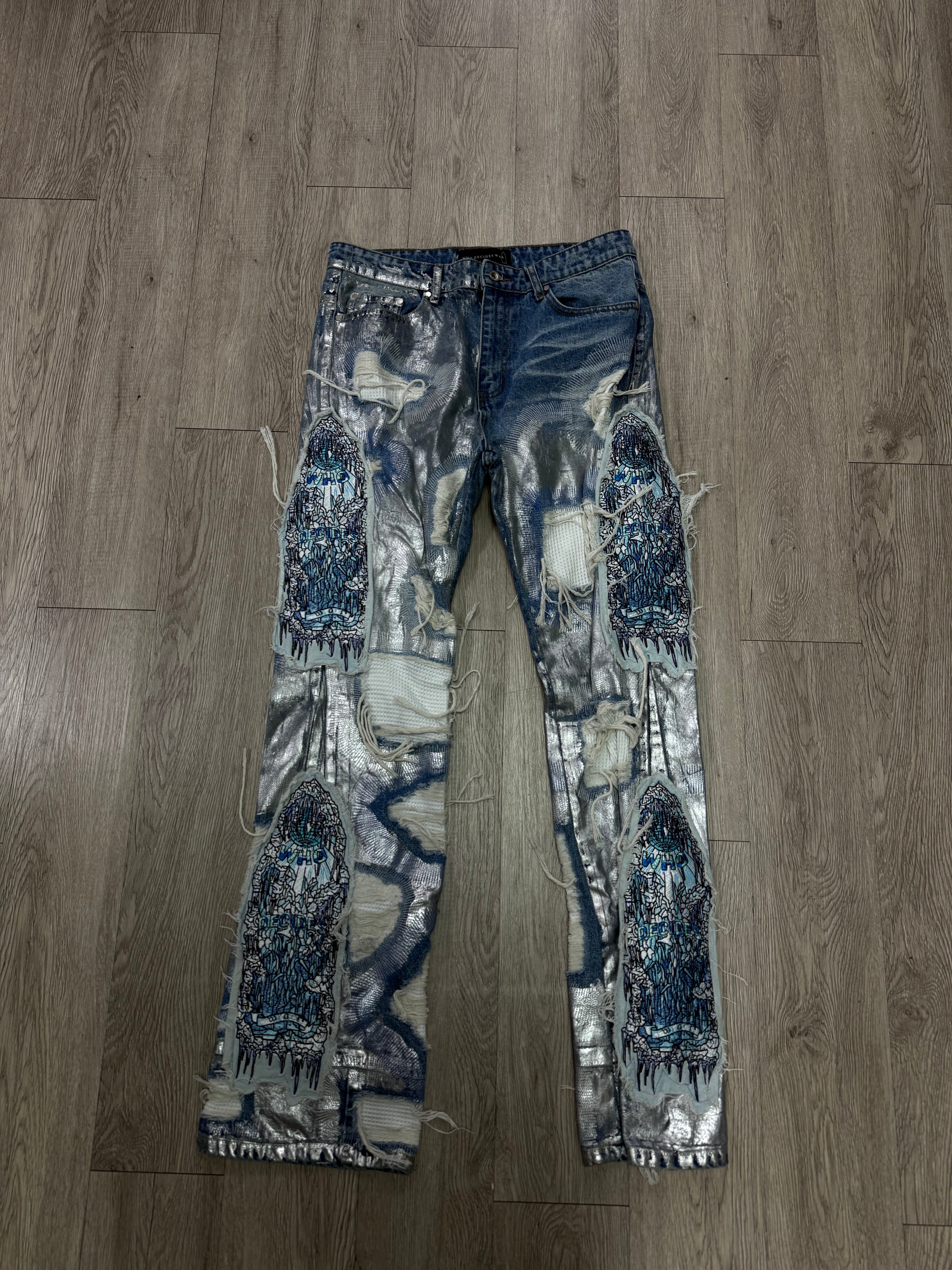 Who Decides War Light Wash Metal Ice Stained Glass Jeans