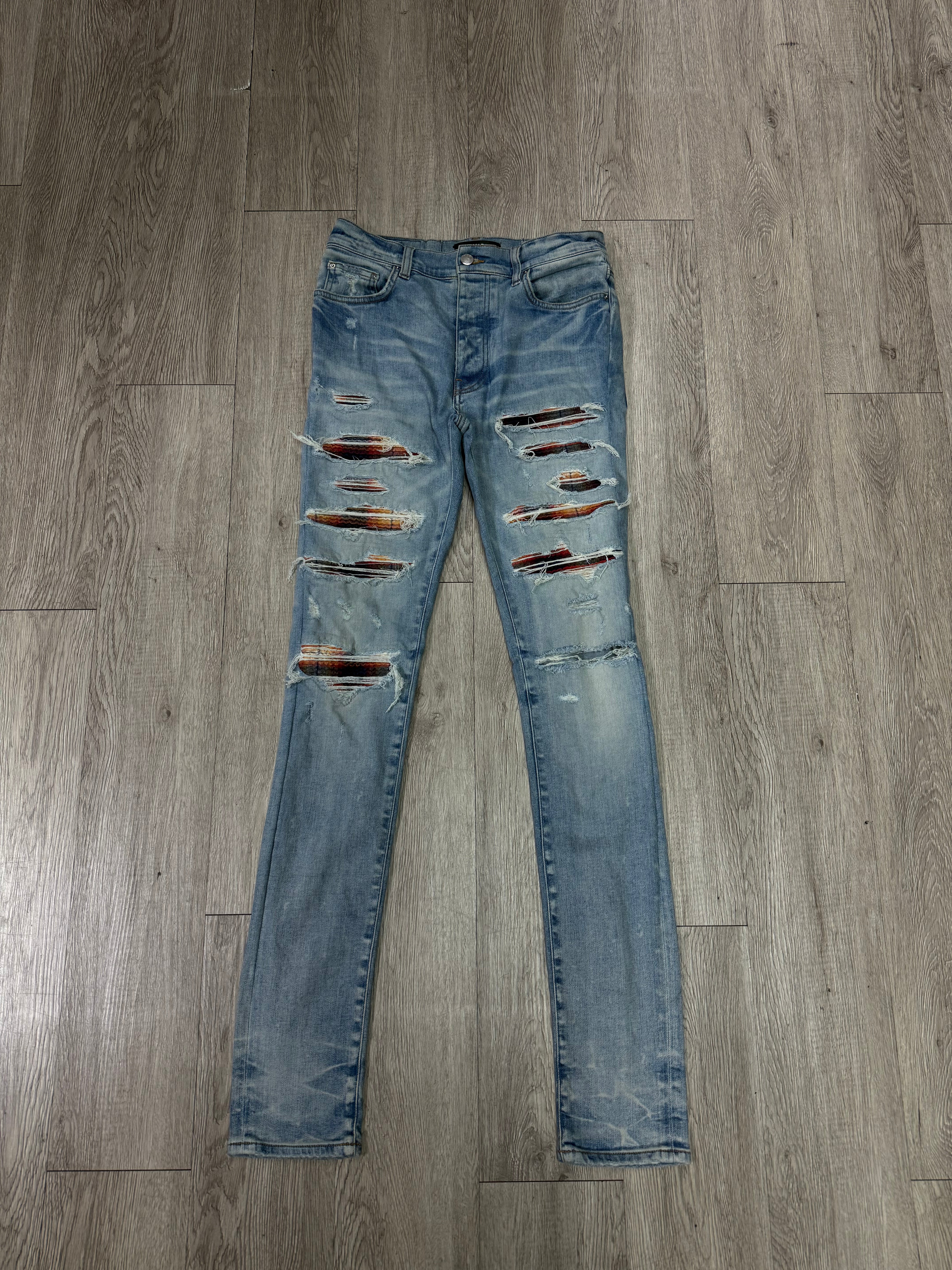 Amiri Light Wash Bandana Thrasher Patch Jeans