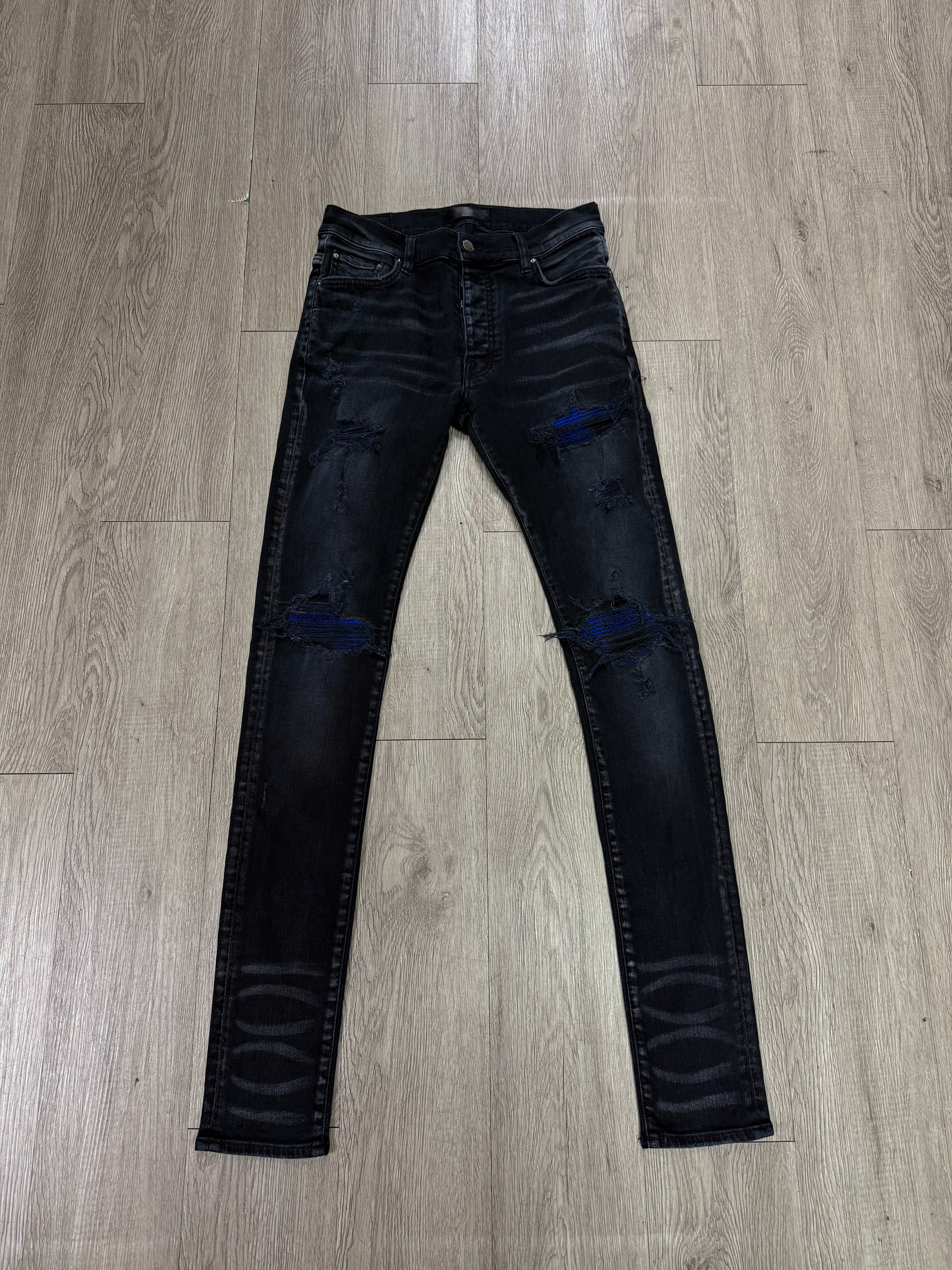 Amiri MX1 Black Wash Blue Plaid Patch Jeans