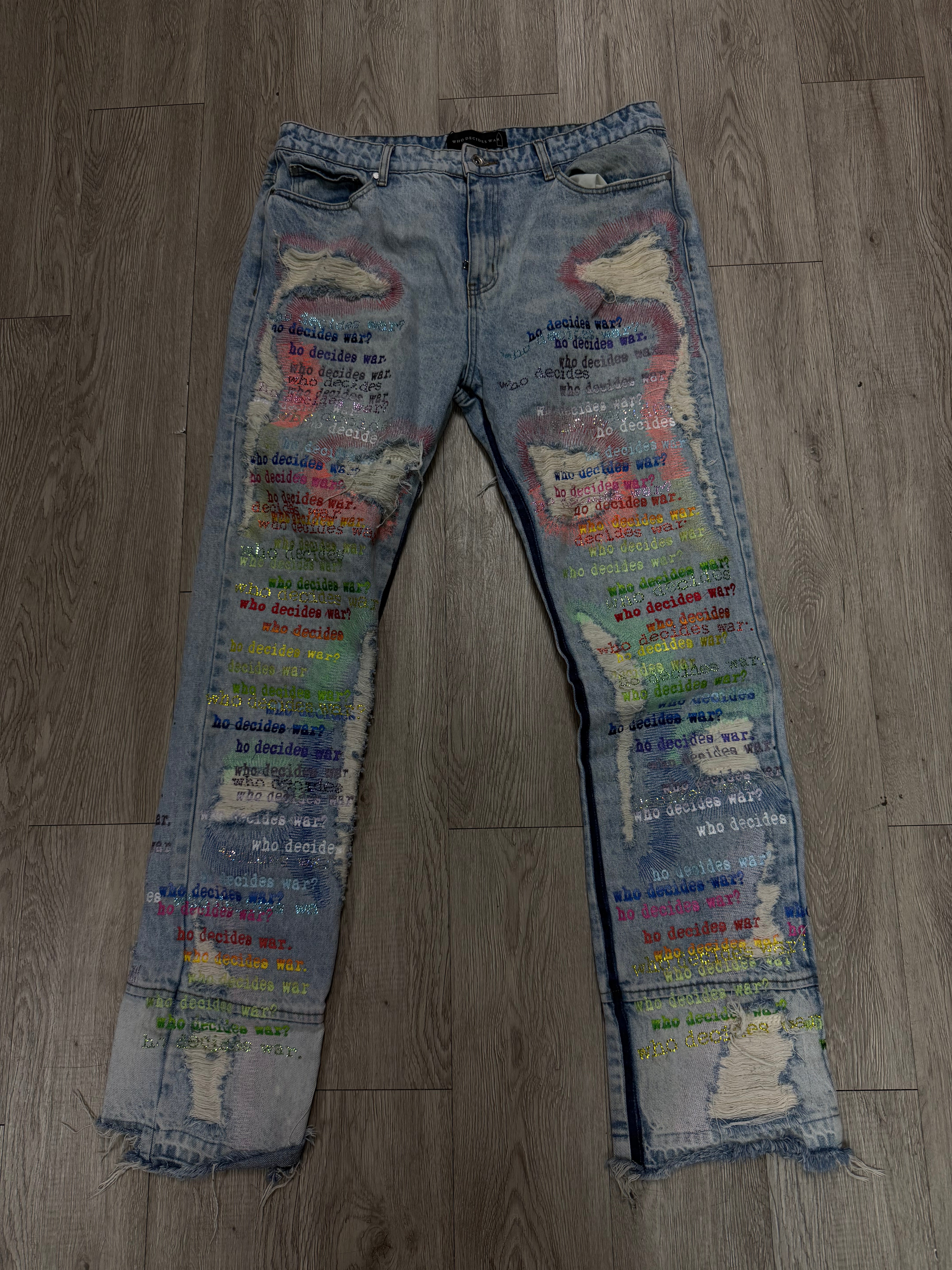 Who Decides War Light Wash Rainbow Scripture Jeans