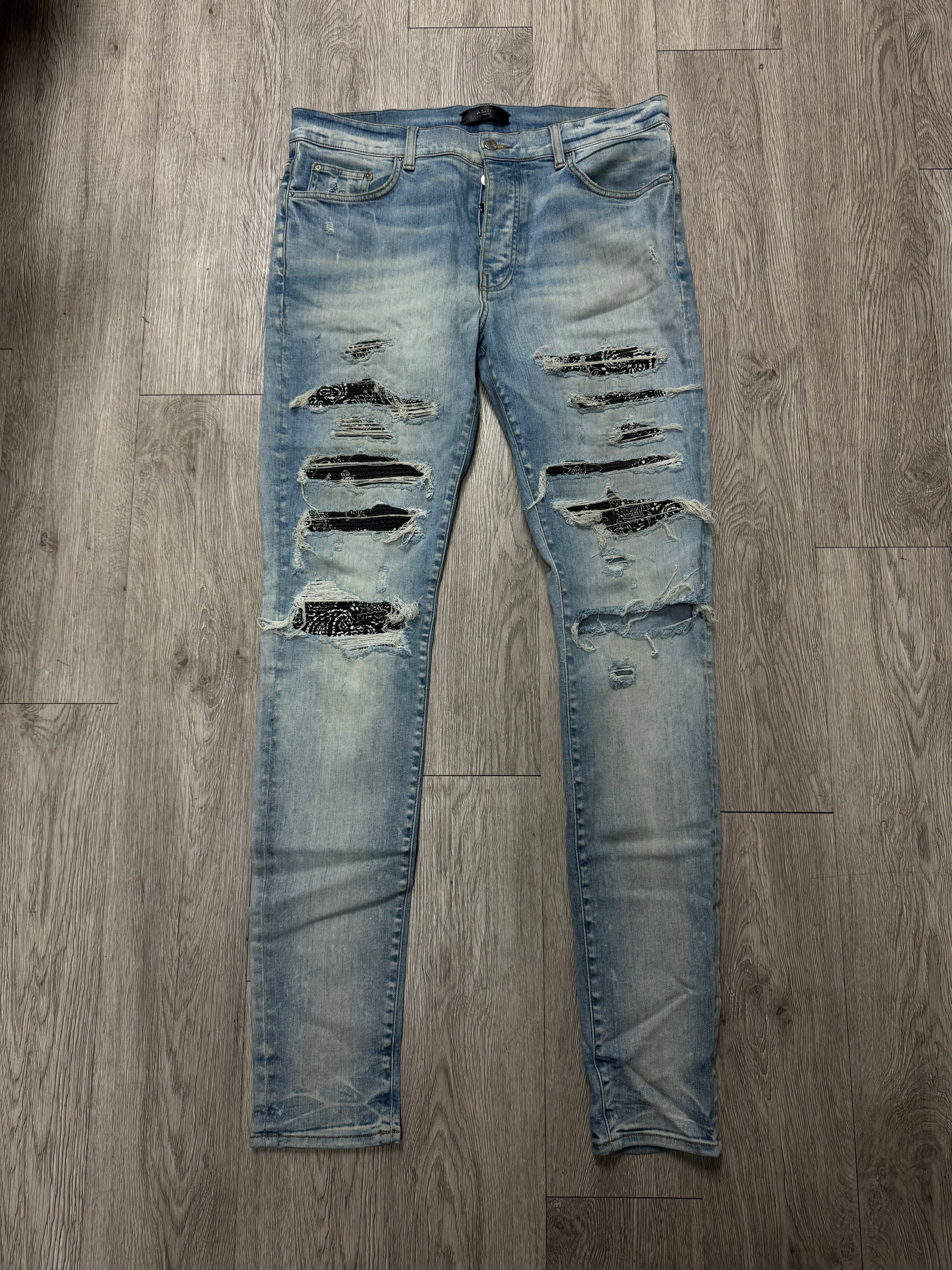Amiri Light Wash Black Paisley Thrasher Patch (Missing Back Metal Tag) Jeans