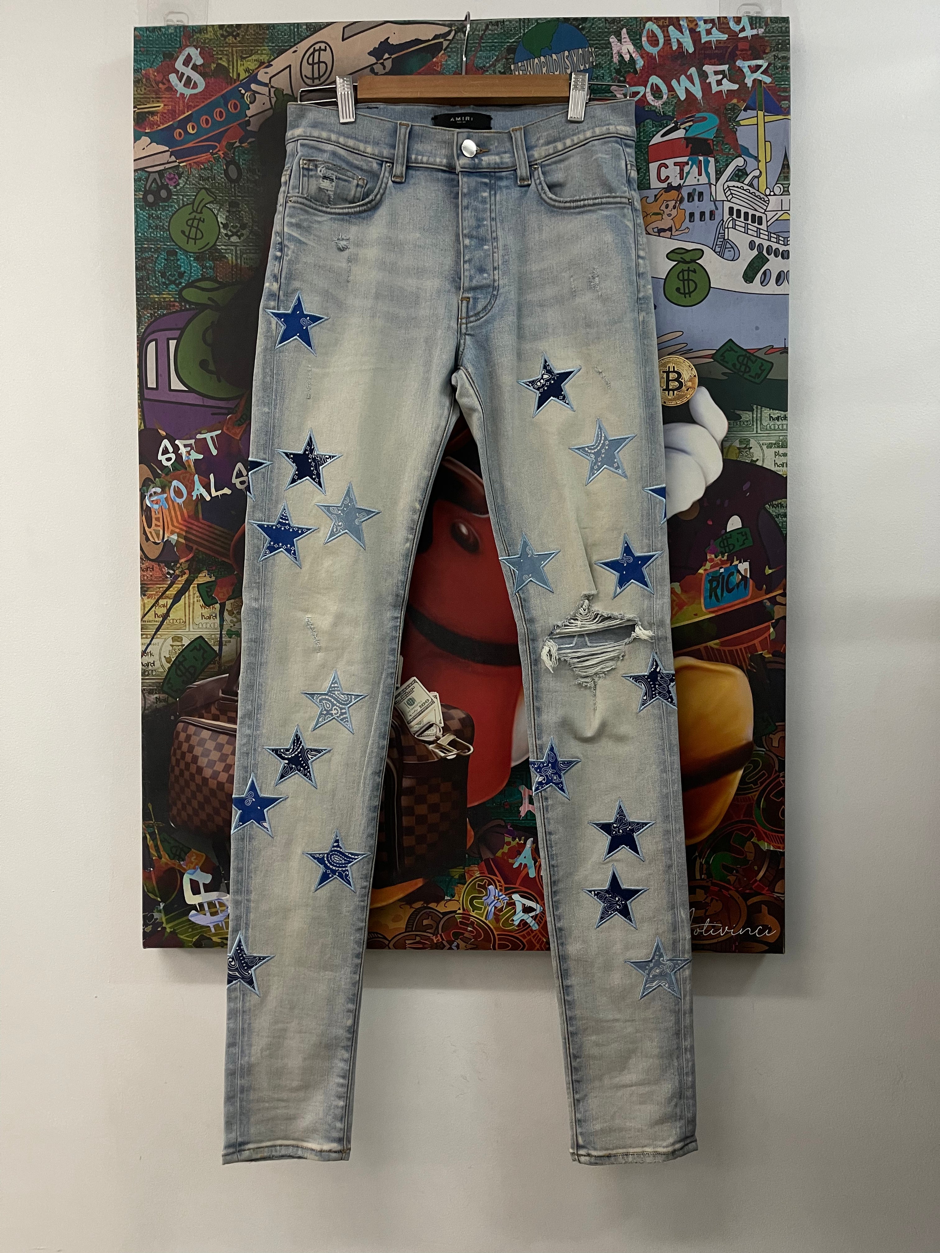 Amiri Light Was Baby Blue Paisley Stars Jeans