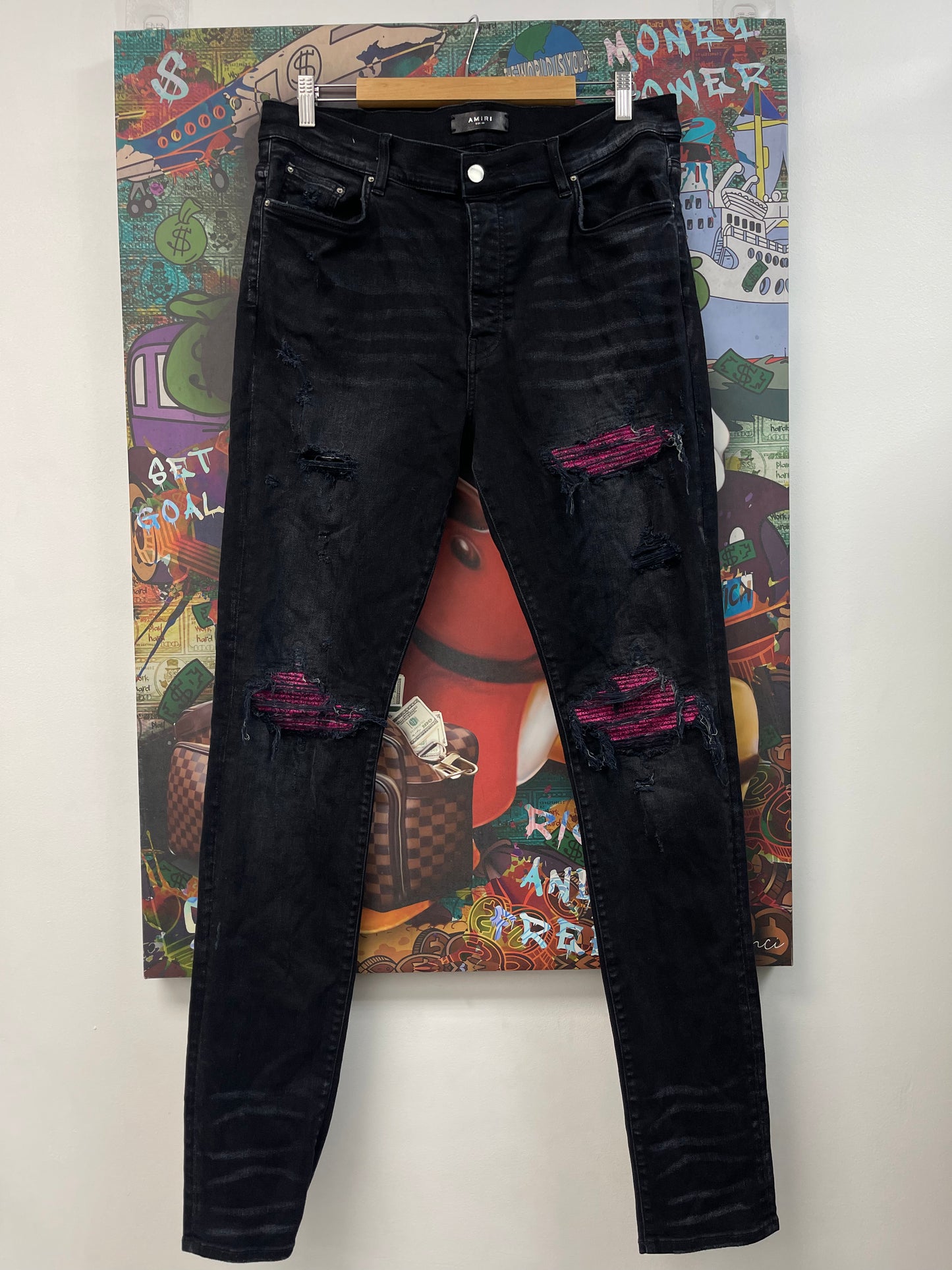 Amiri MX1 Pink Crackle Black Jeans