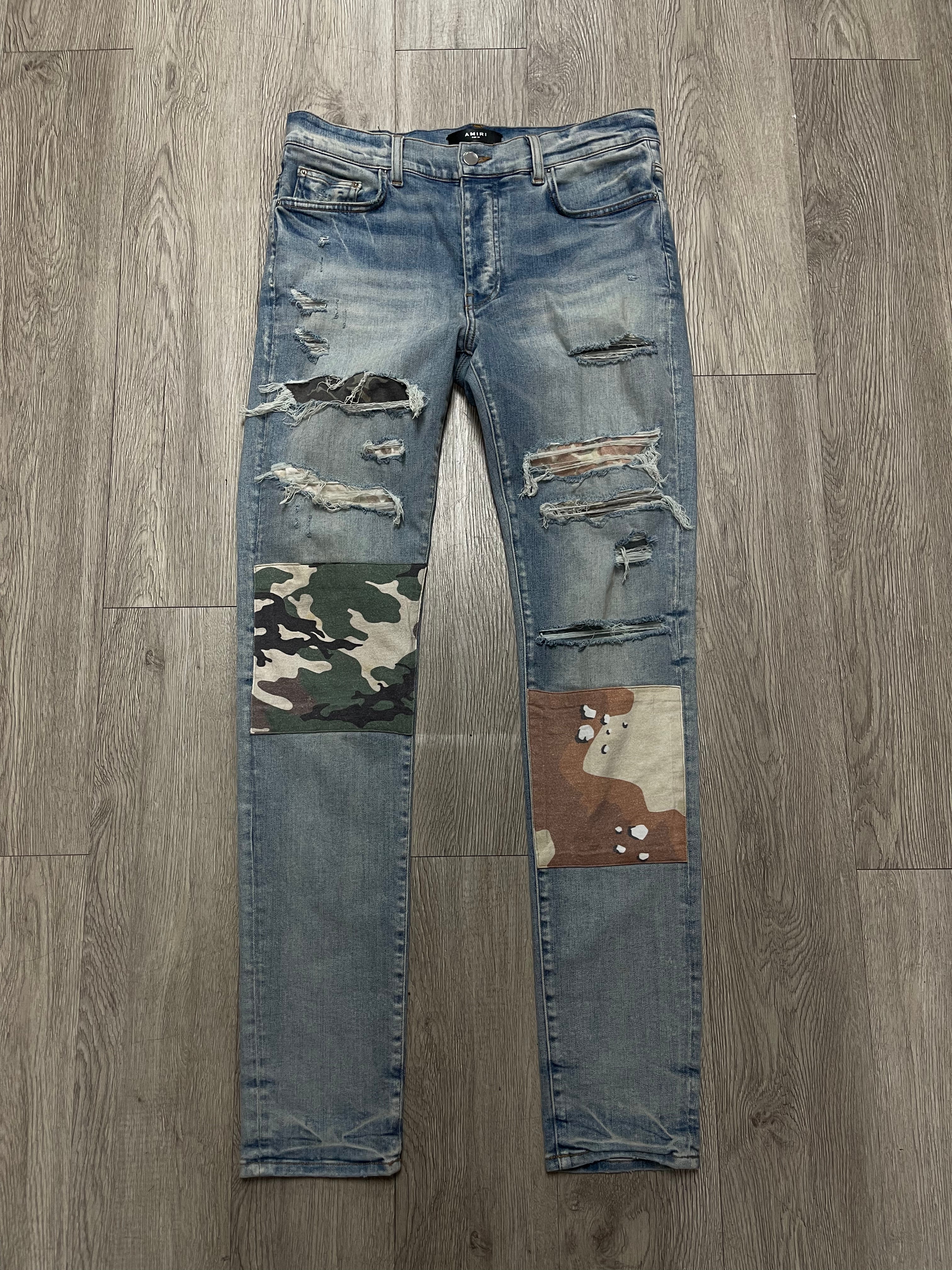 Amiri Light Wash Desert Camo Patchwork Jeans