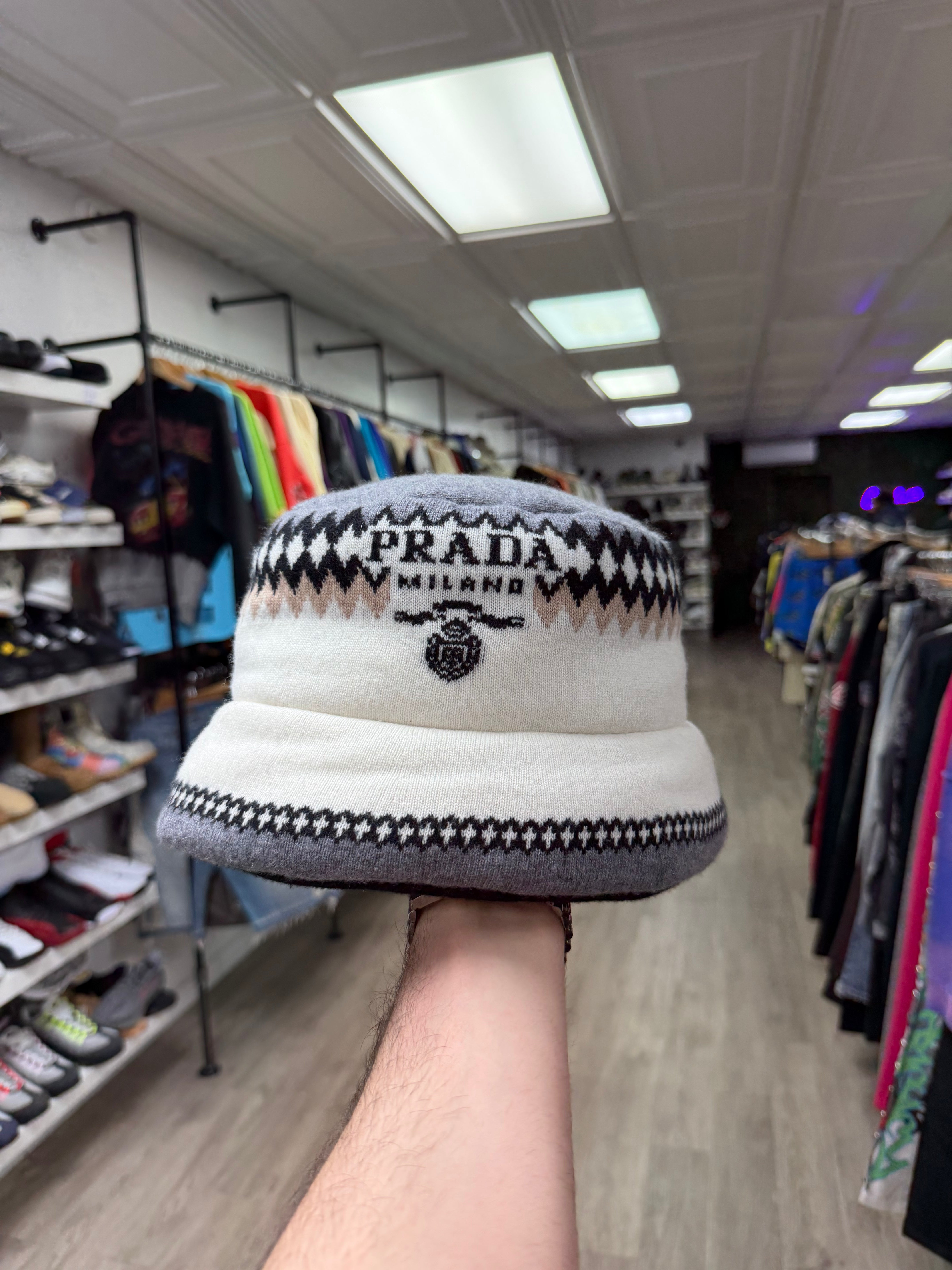 Prada Knitted Bucket Cap White Black New OS With Tags