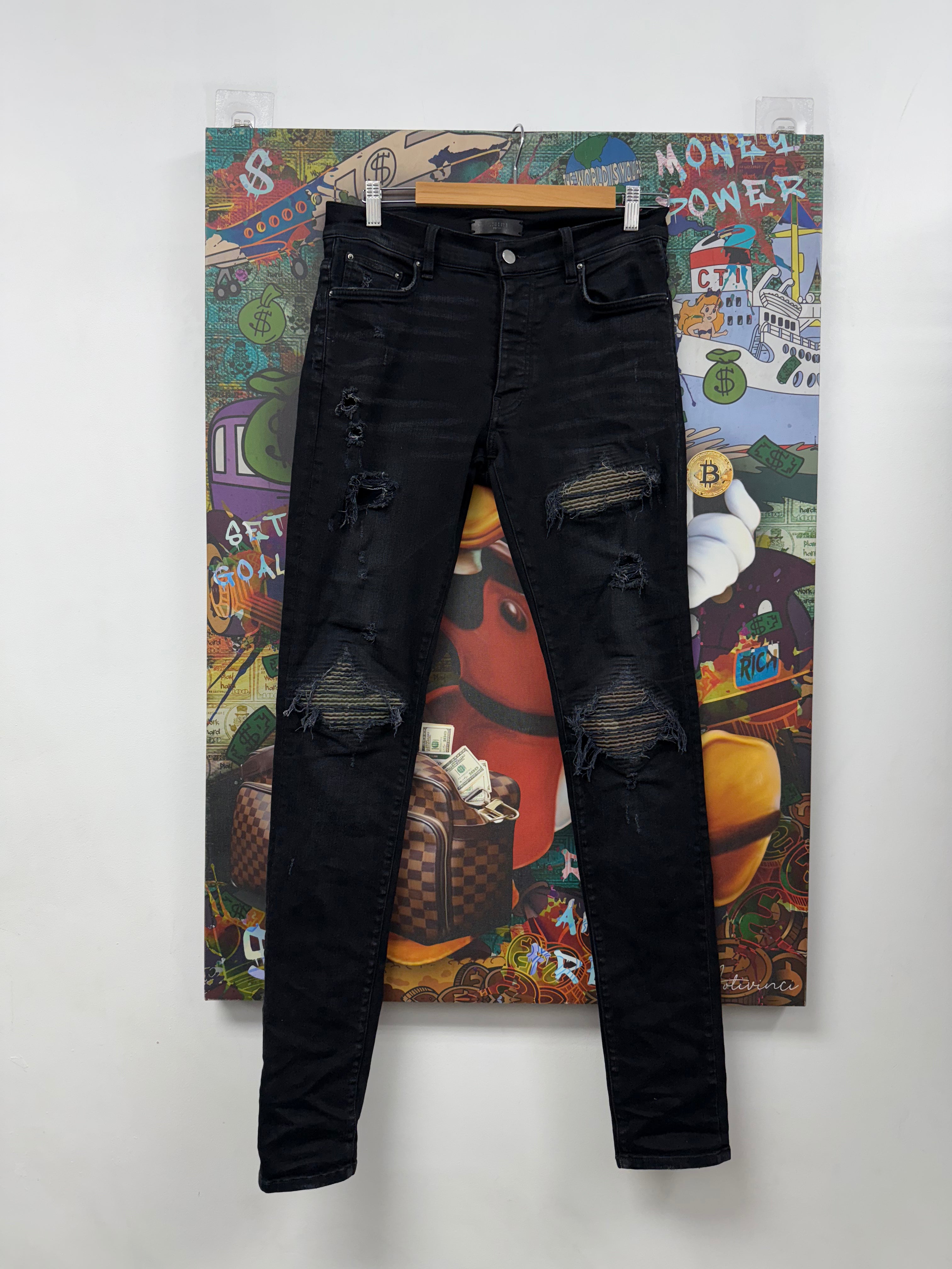 Amiri MX1 Black Wash Camo Patch Jeans