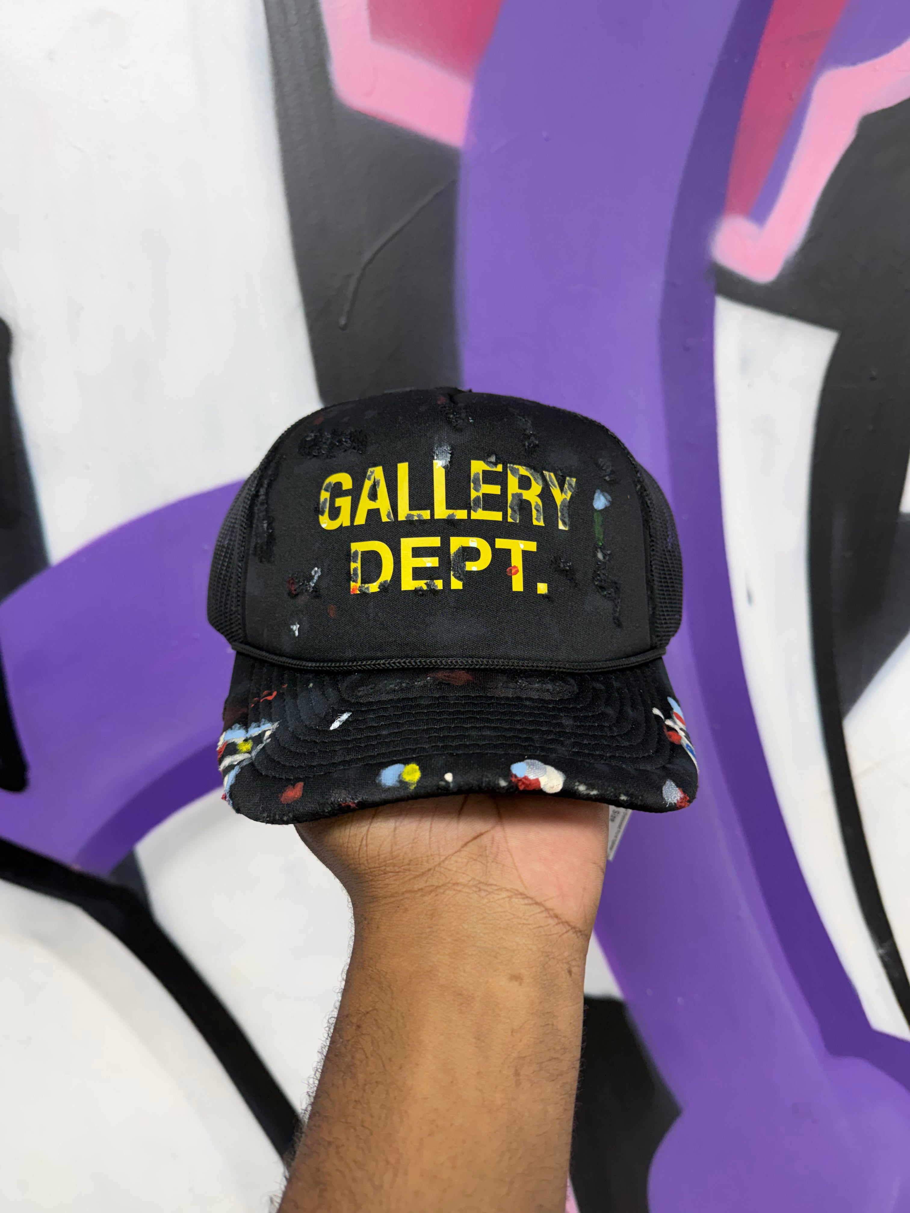 Gallery Dept. Black Yellow Distressed Paint Splatter Logo Trucker Hat