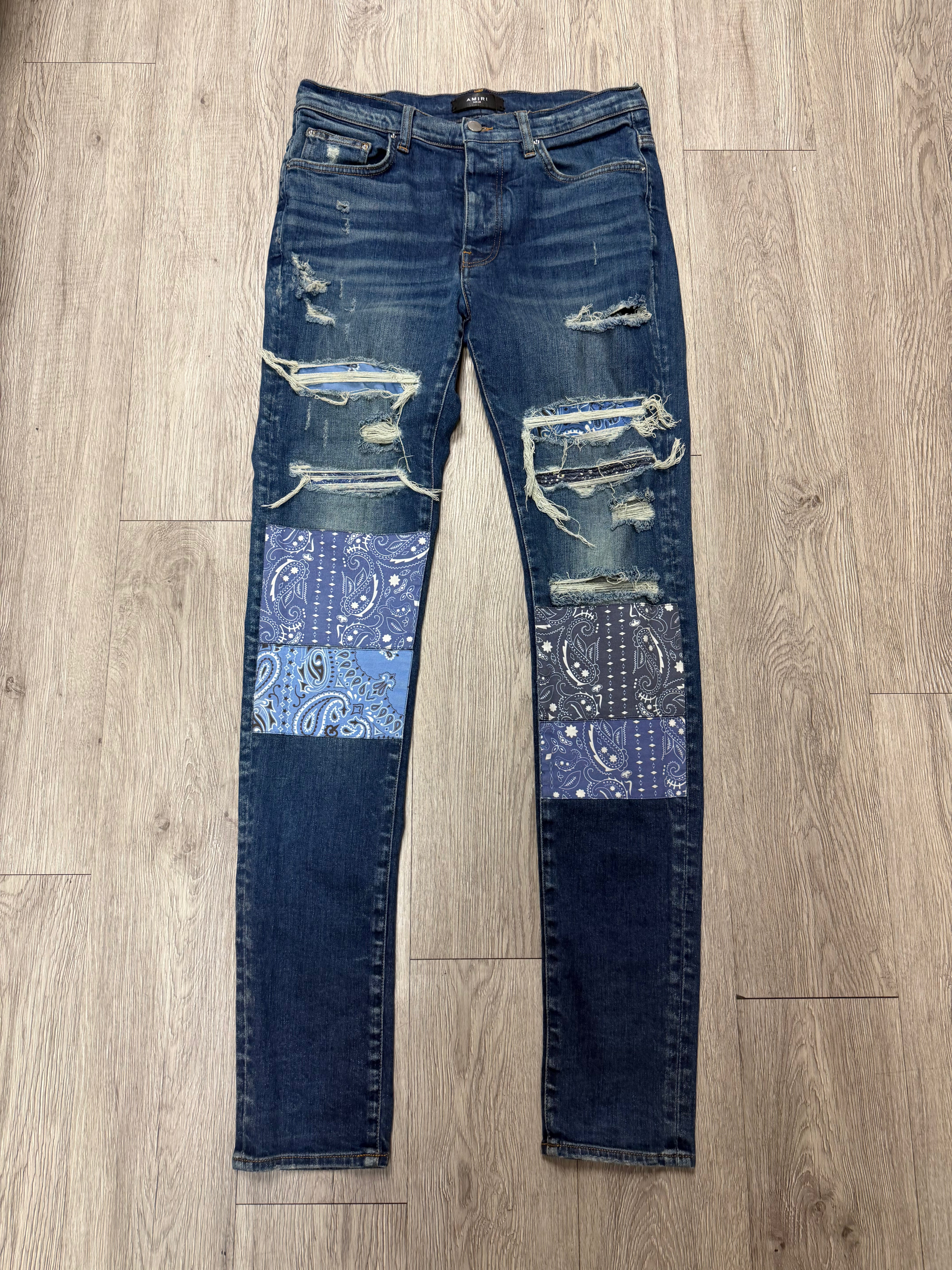 Amiri Dark Wash Blue Paisley Patchwork Jeans