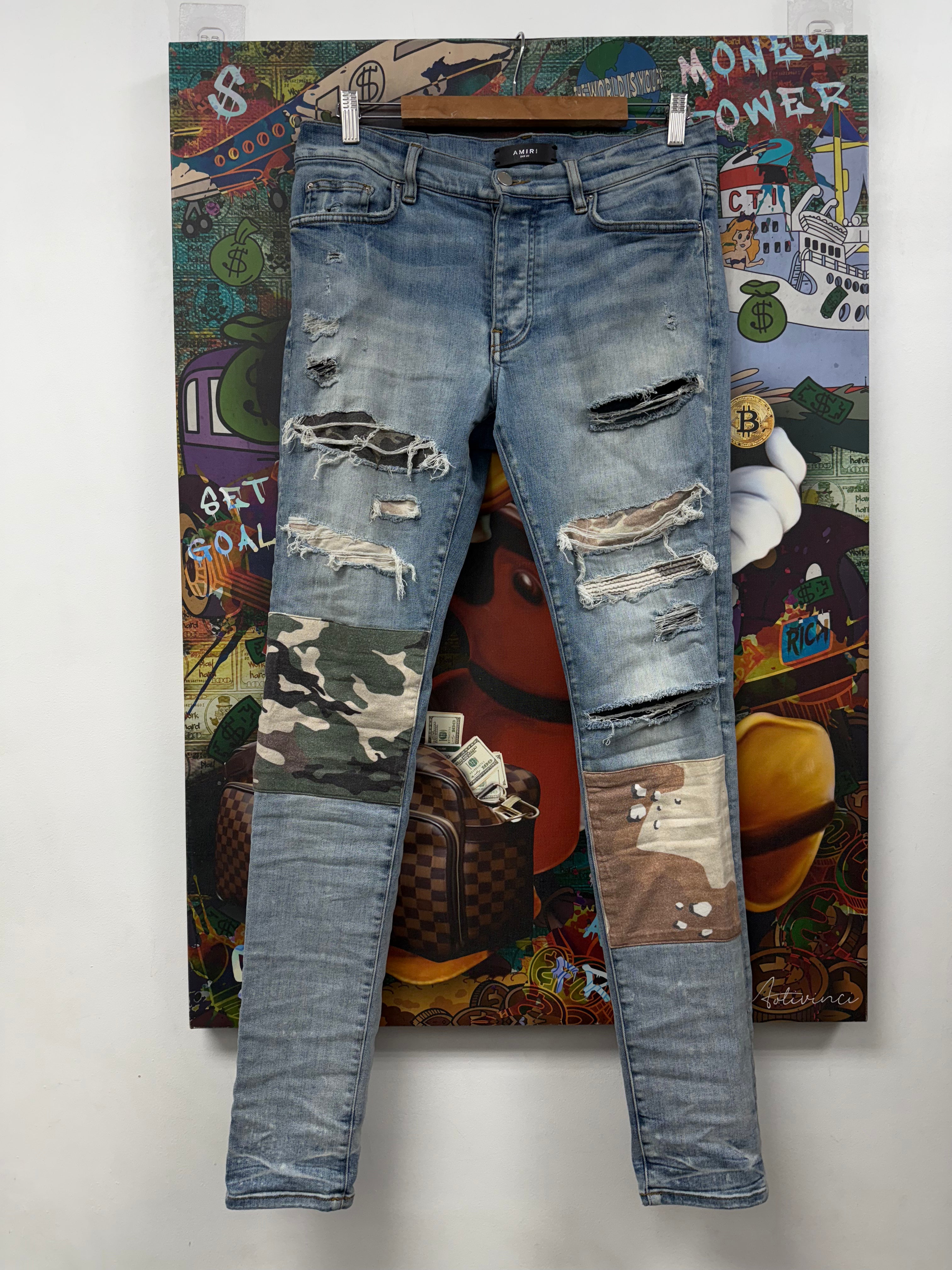 Amiri Light Wash Desert Camo Patchwork Jeans