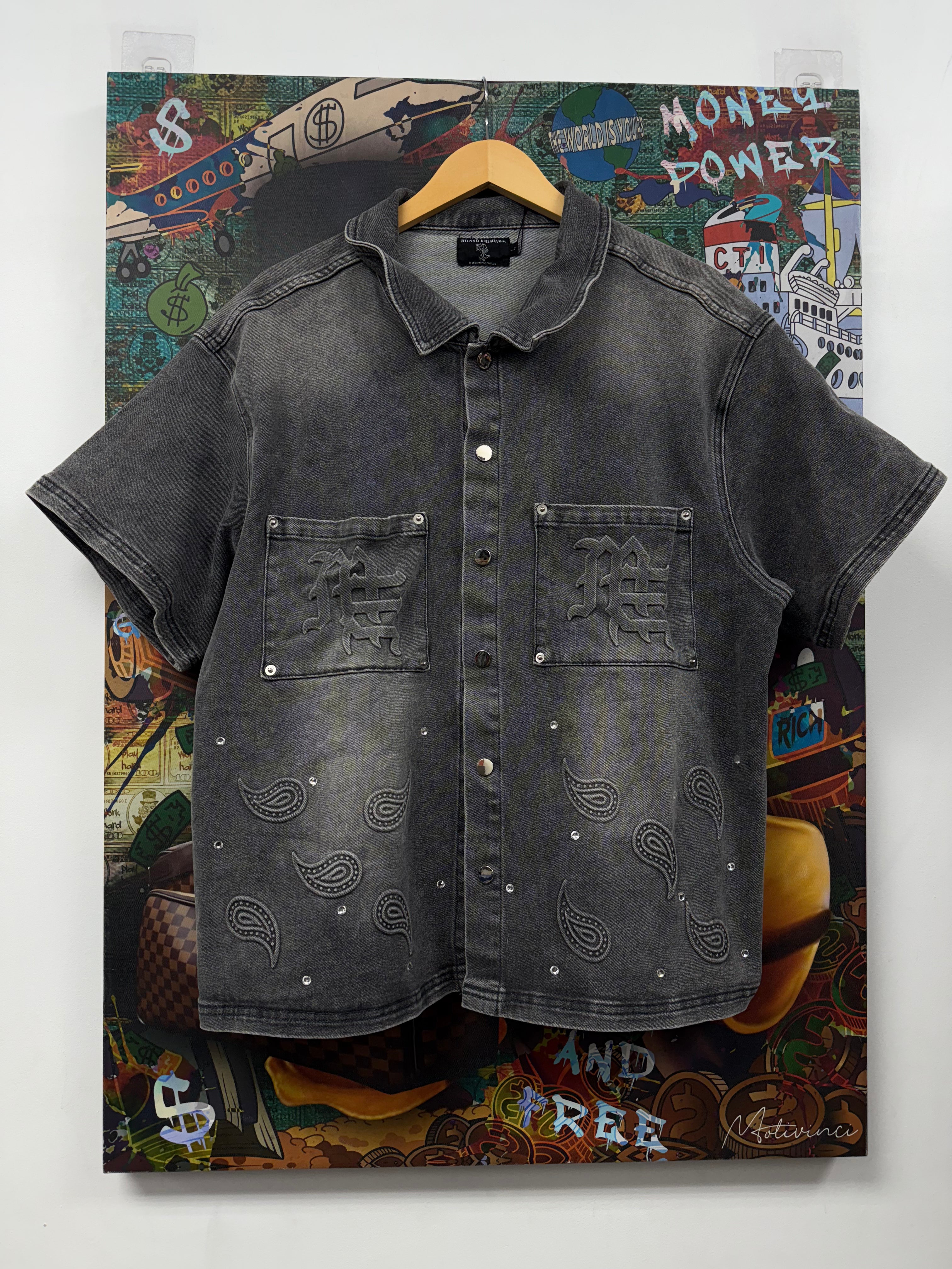 Mixed Emotions Grey Paisley ME Rhinestone Button Up