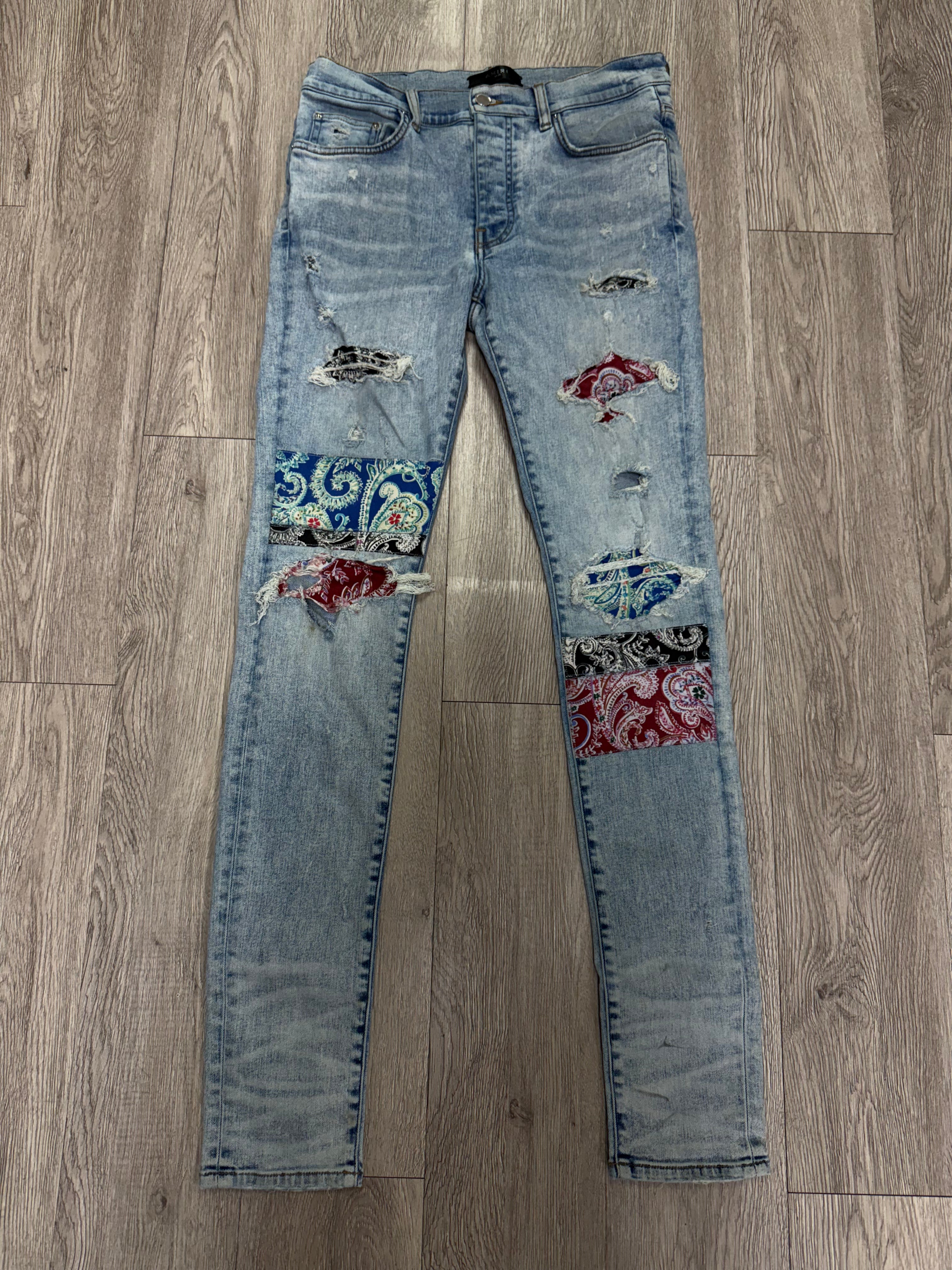Amiri Light Wash Pajama Paisley Patchwork Jeans