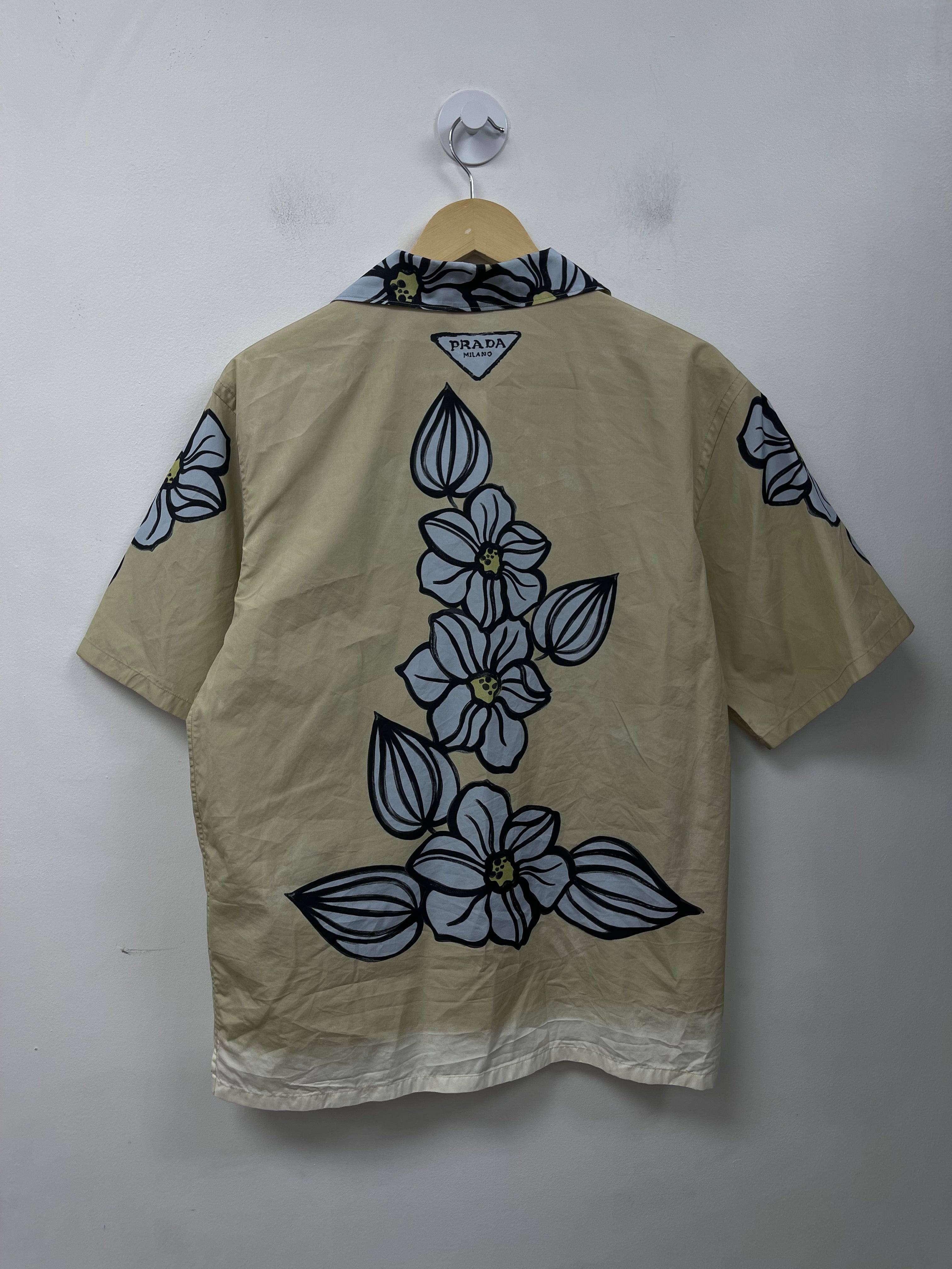Prada Tan Baby Blue Floral Button Up Shirt