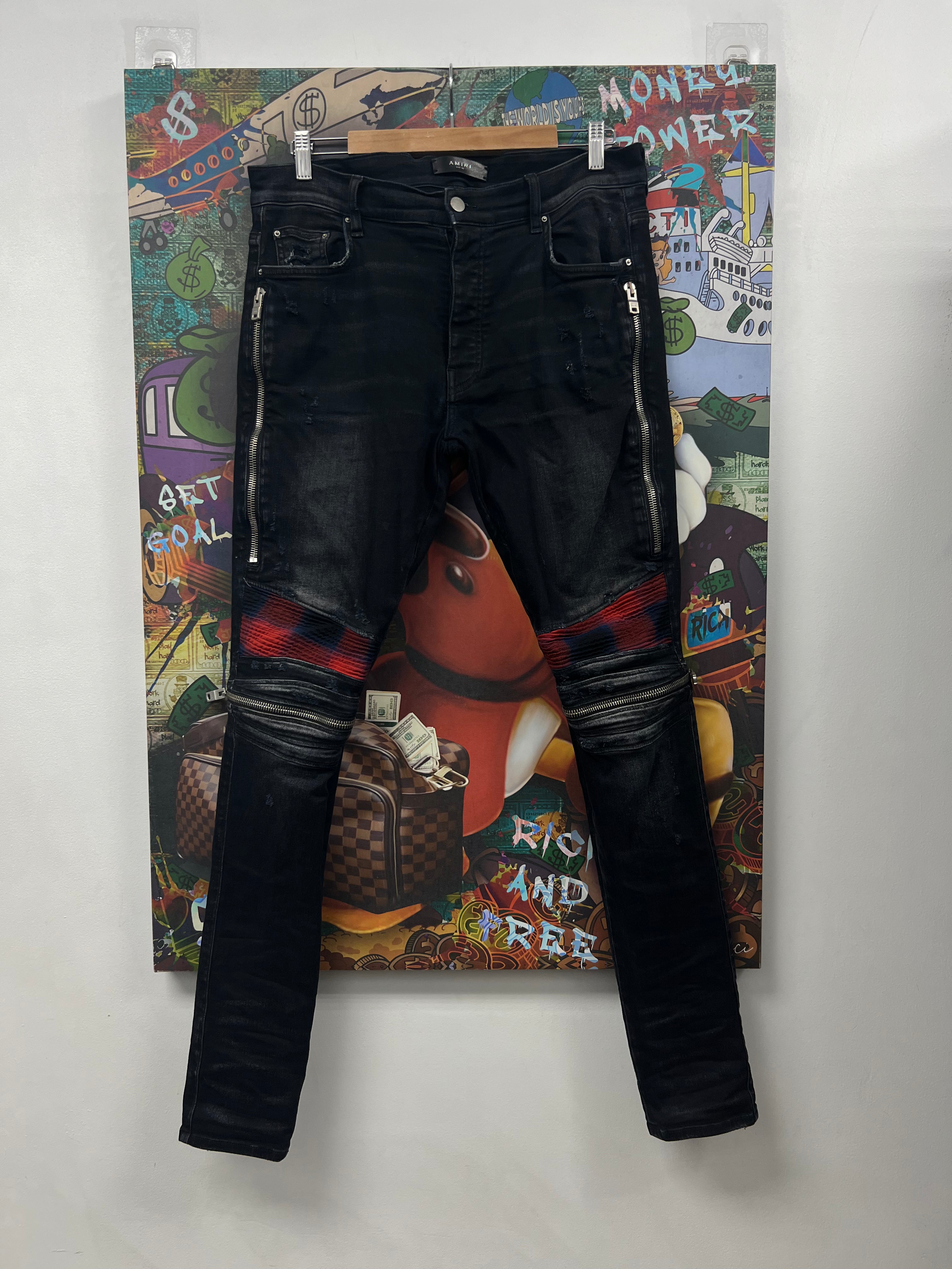 Amiri MX2 Black Wash Blue Red Plaid Patch Jeans