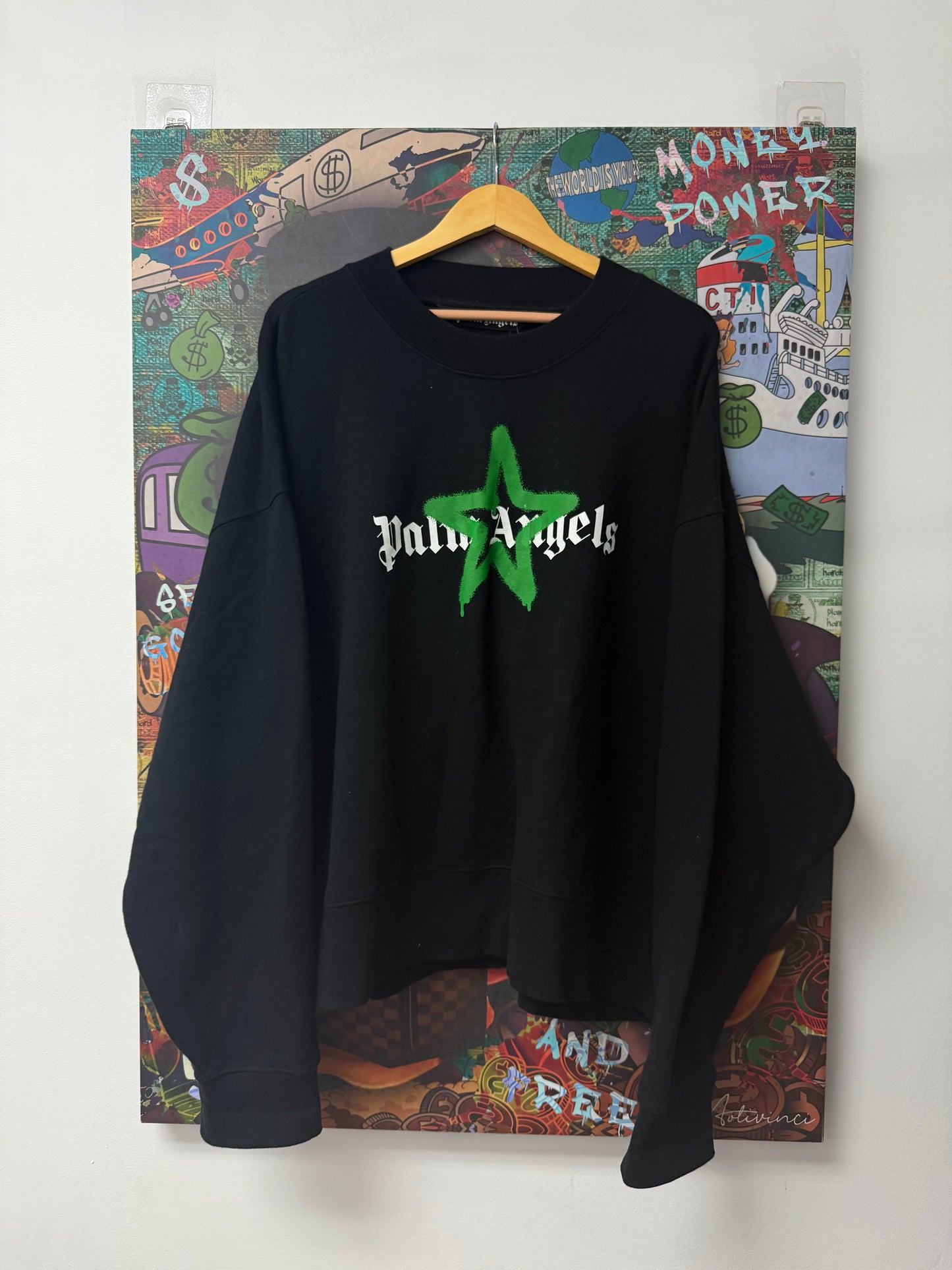 Palm Angels Black Chest Logo Star Green Crewneck