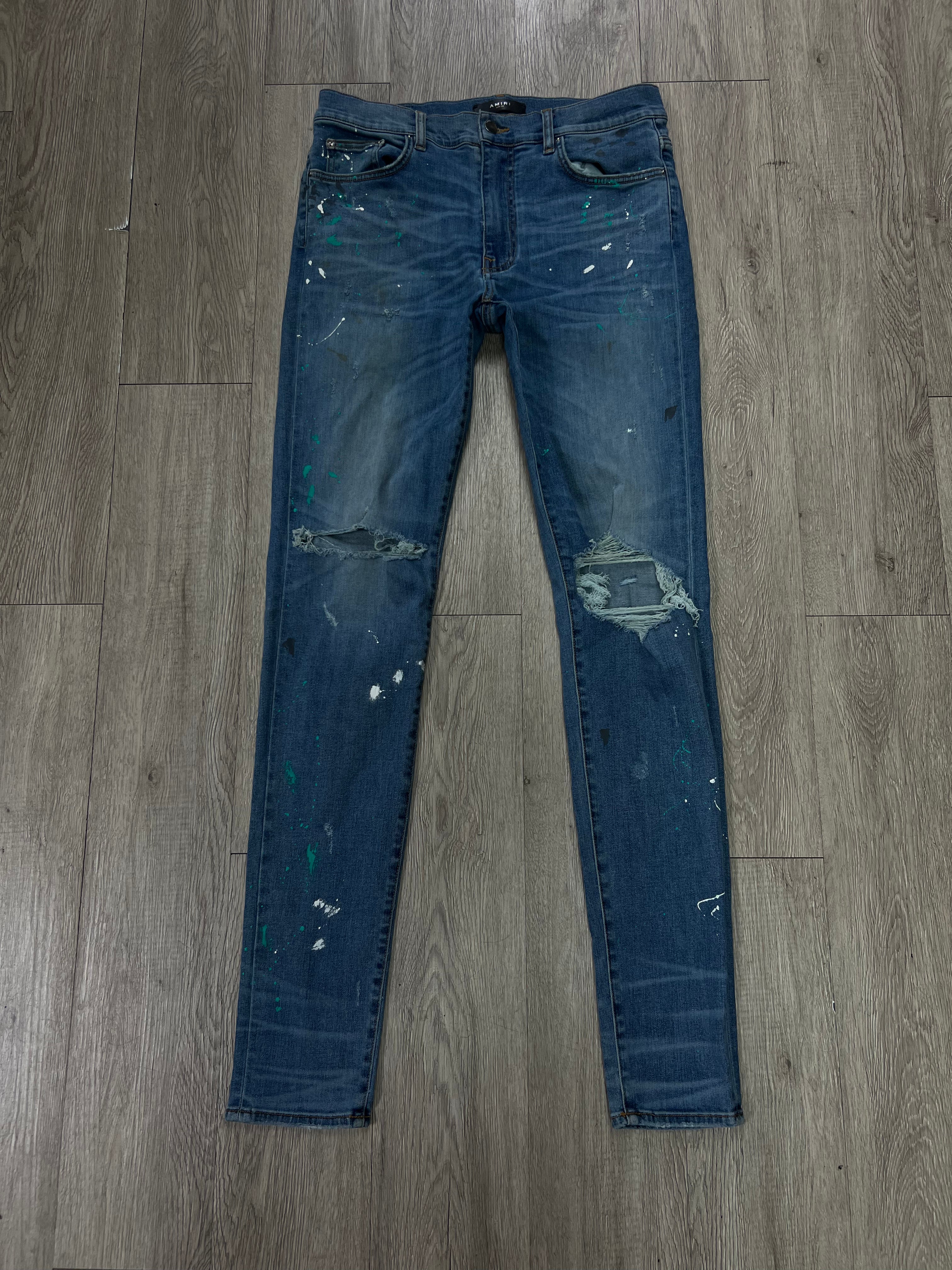 Amiri Light Wash Teal Splatter Jeans