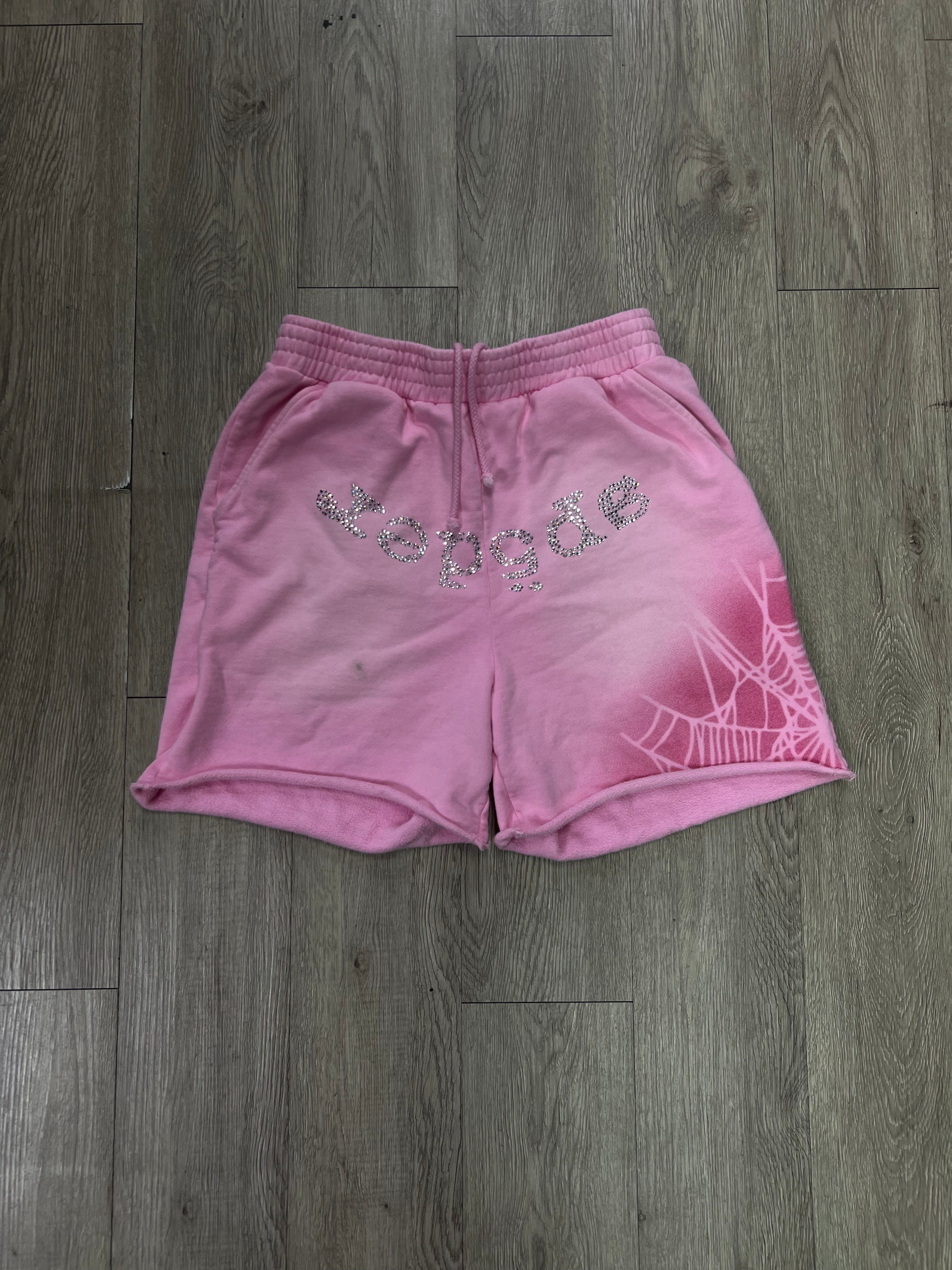 Sp5der Pink Rhinestone Web Shorts