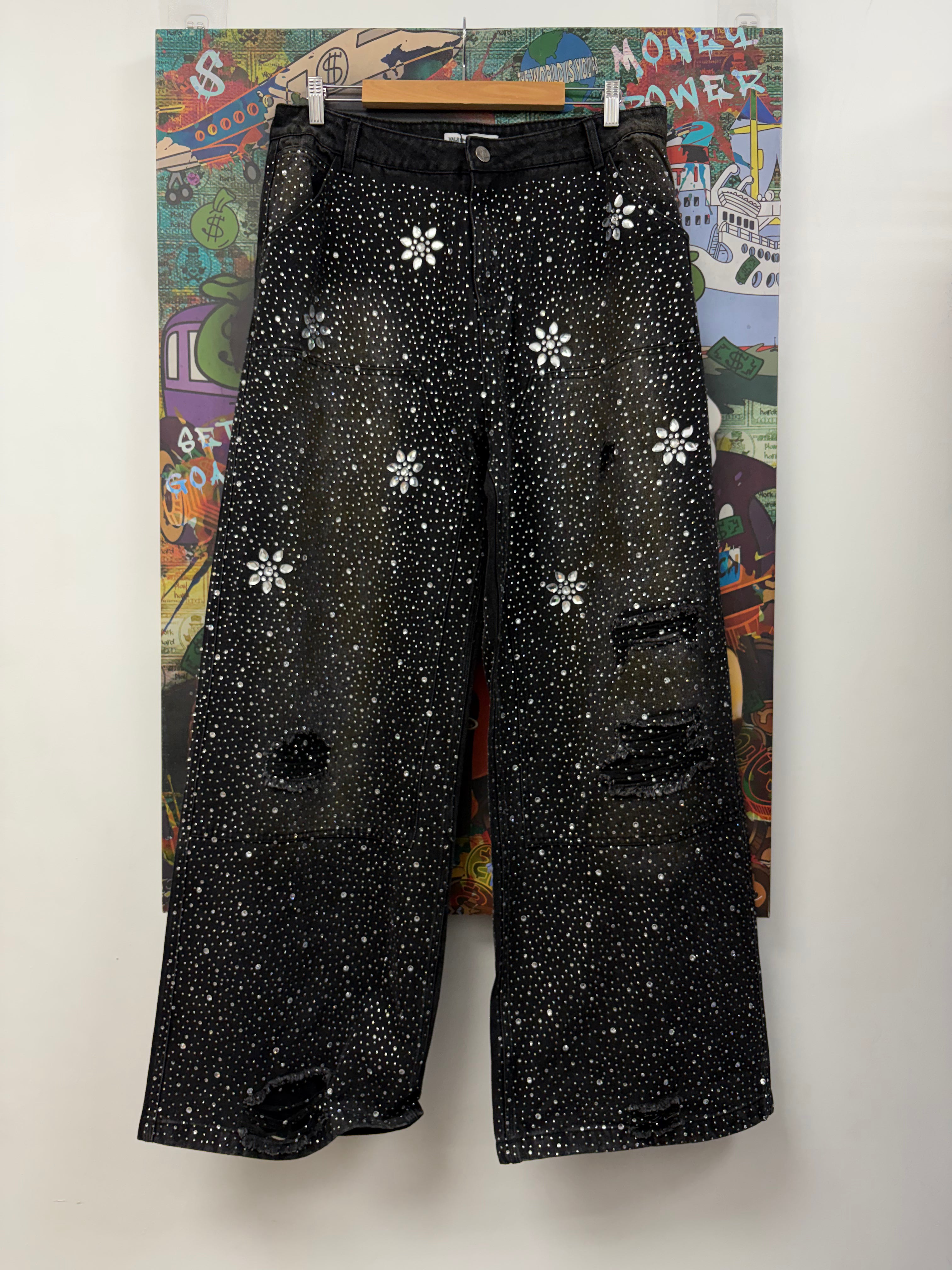 Vale Black Wash Crystal Floral Jeans