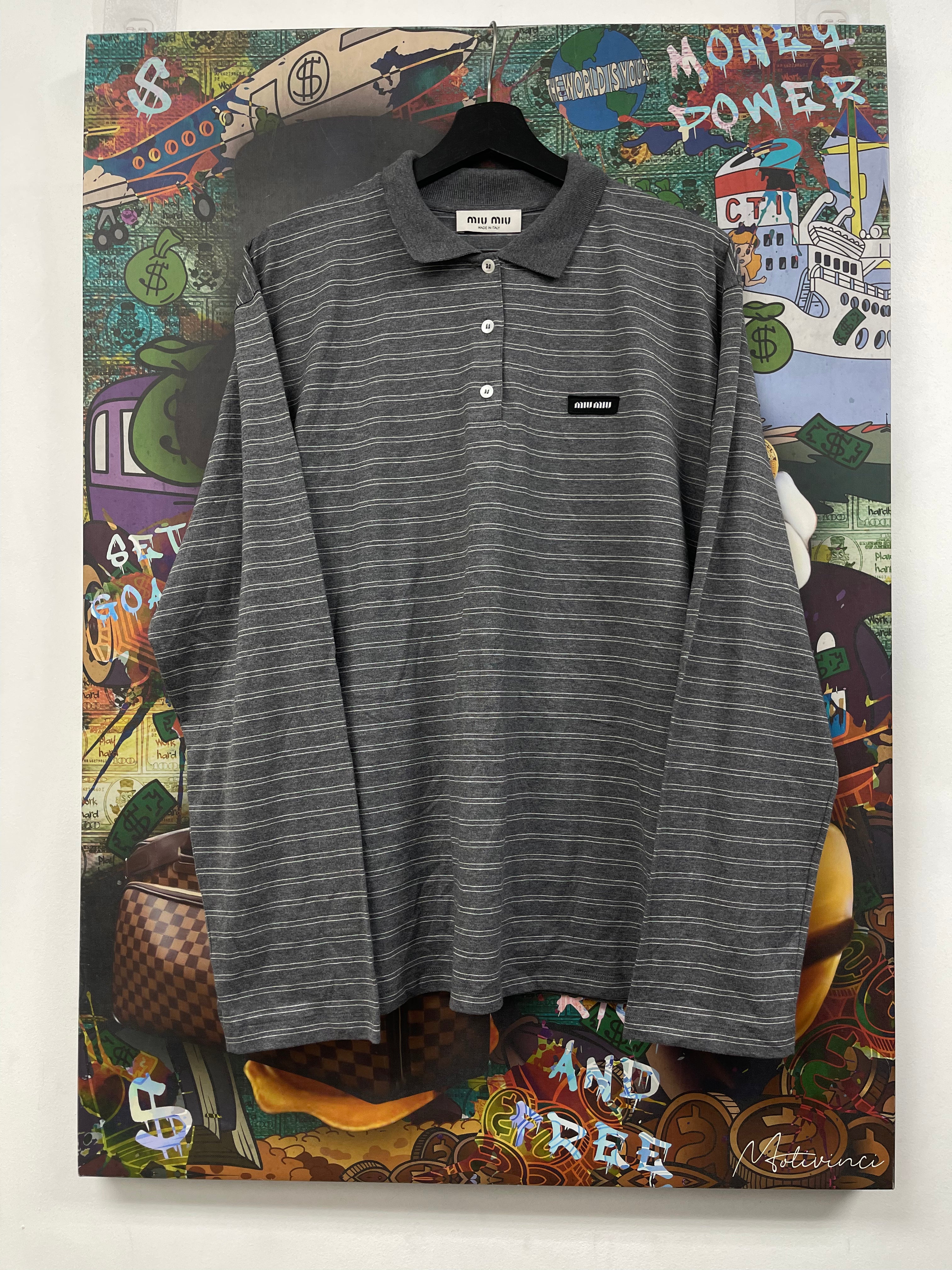 Miu Miu Grey Striped Long Sleeve Polo