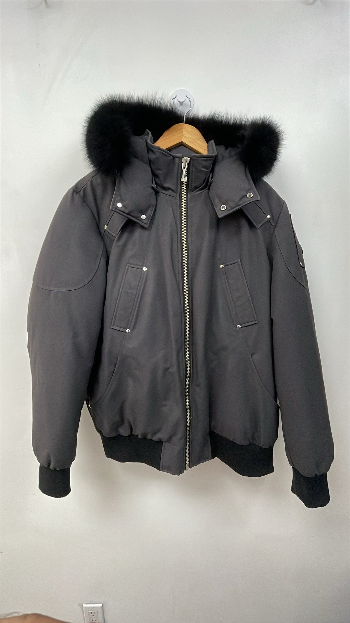 Moose Knuckles Grey Black Fur Bomber Jacket