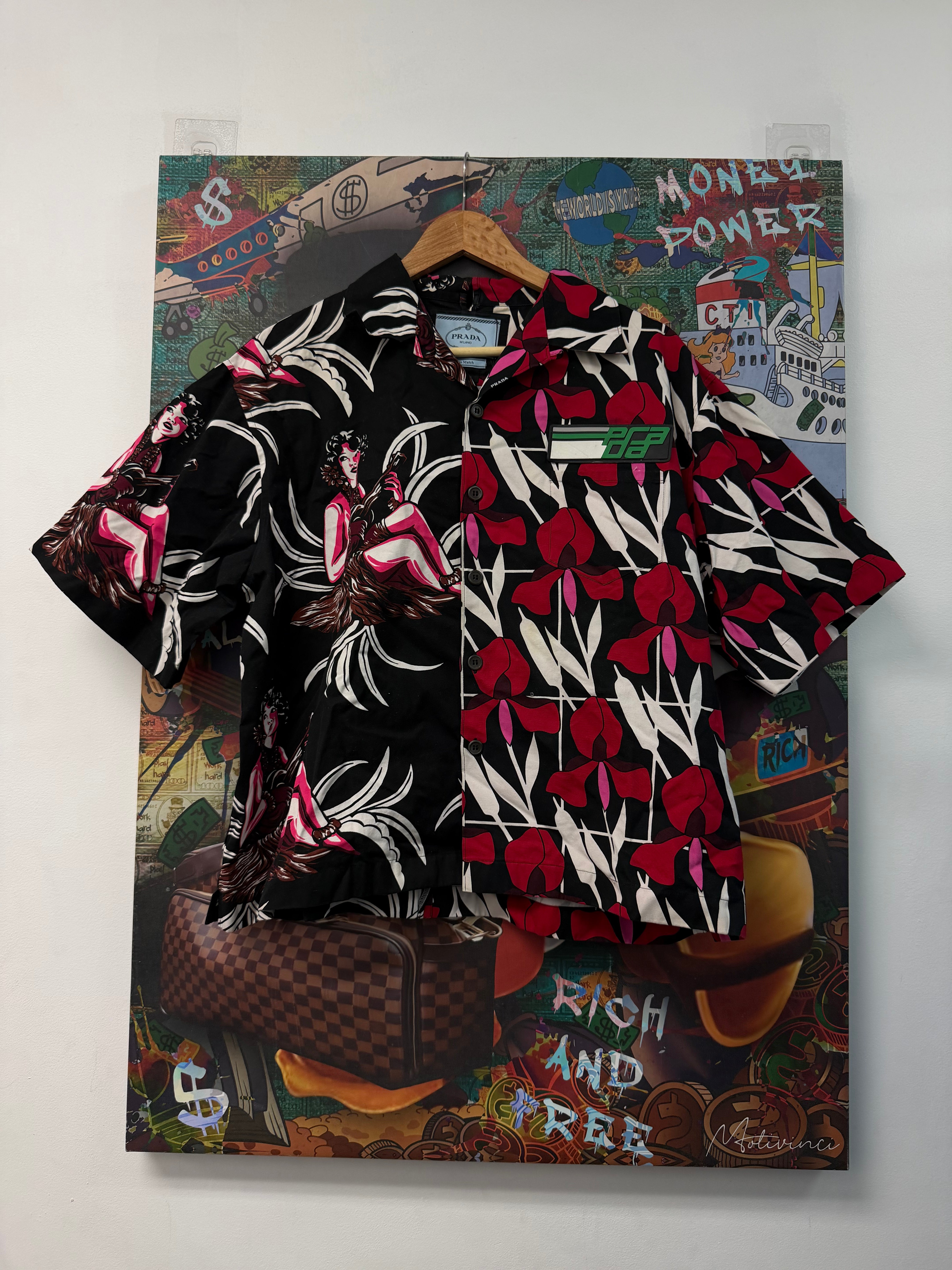 Prada Red Black Rose Double Match Button Up