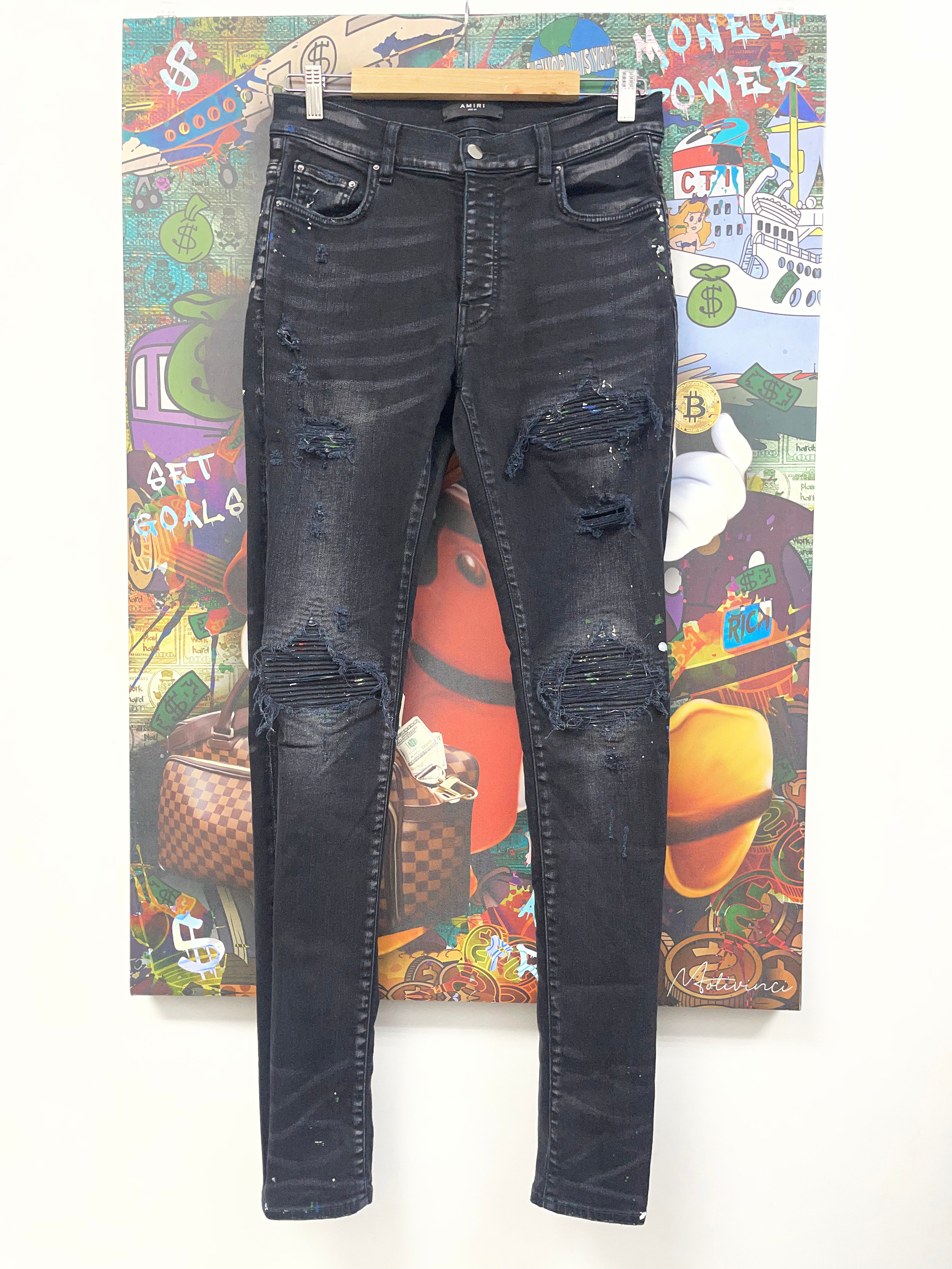 Amiri MX1 Black Paint Splatter Patch Jeans