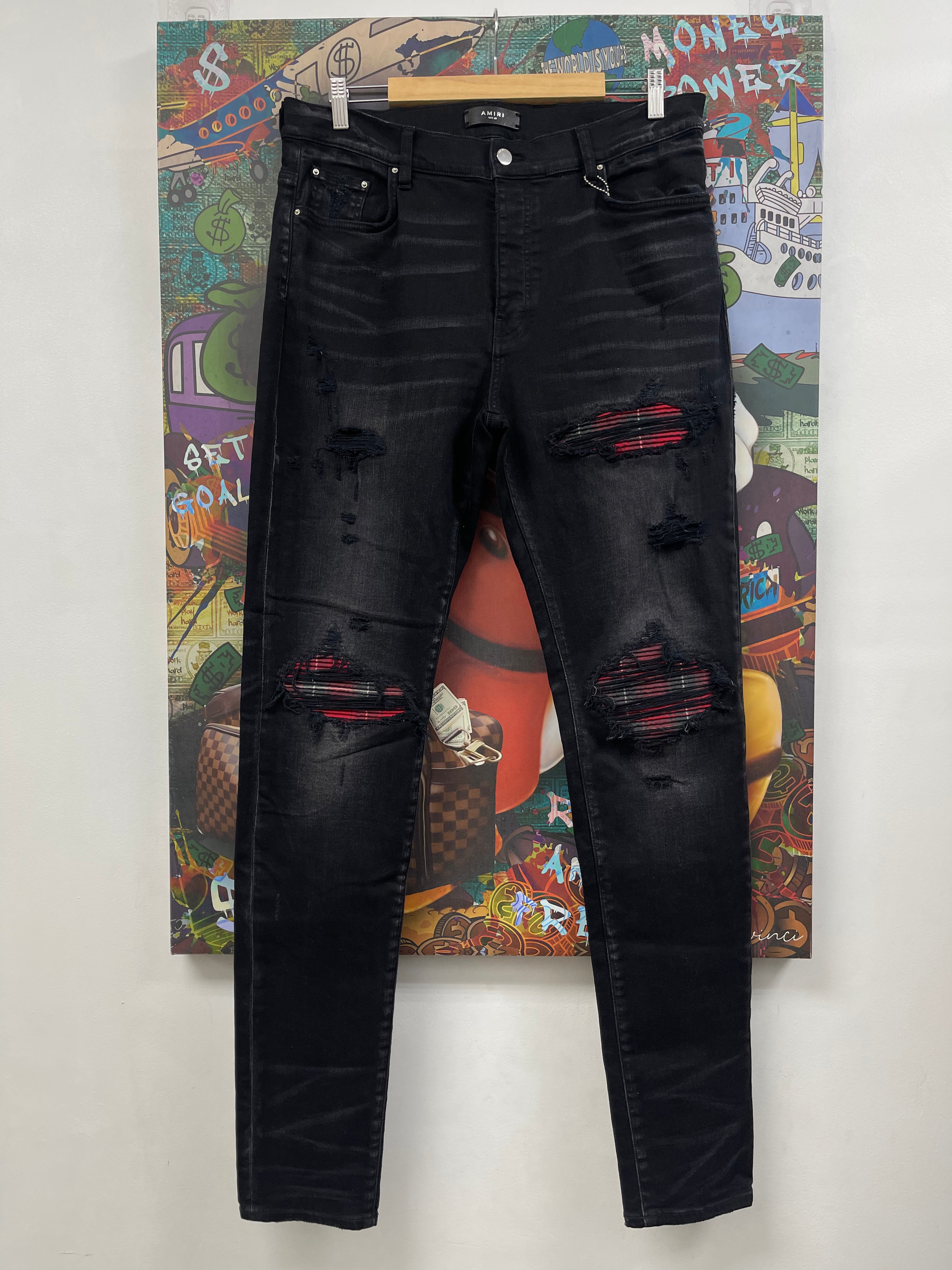 Amiri MX1 Black Red Plaid Patch Jeans