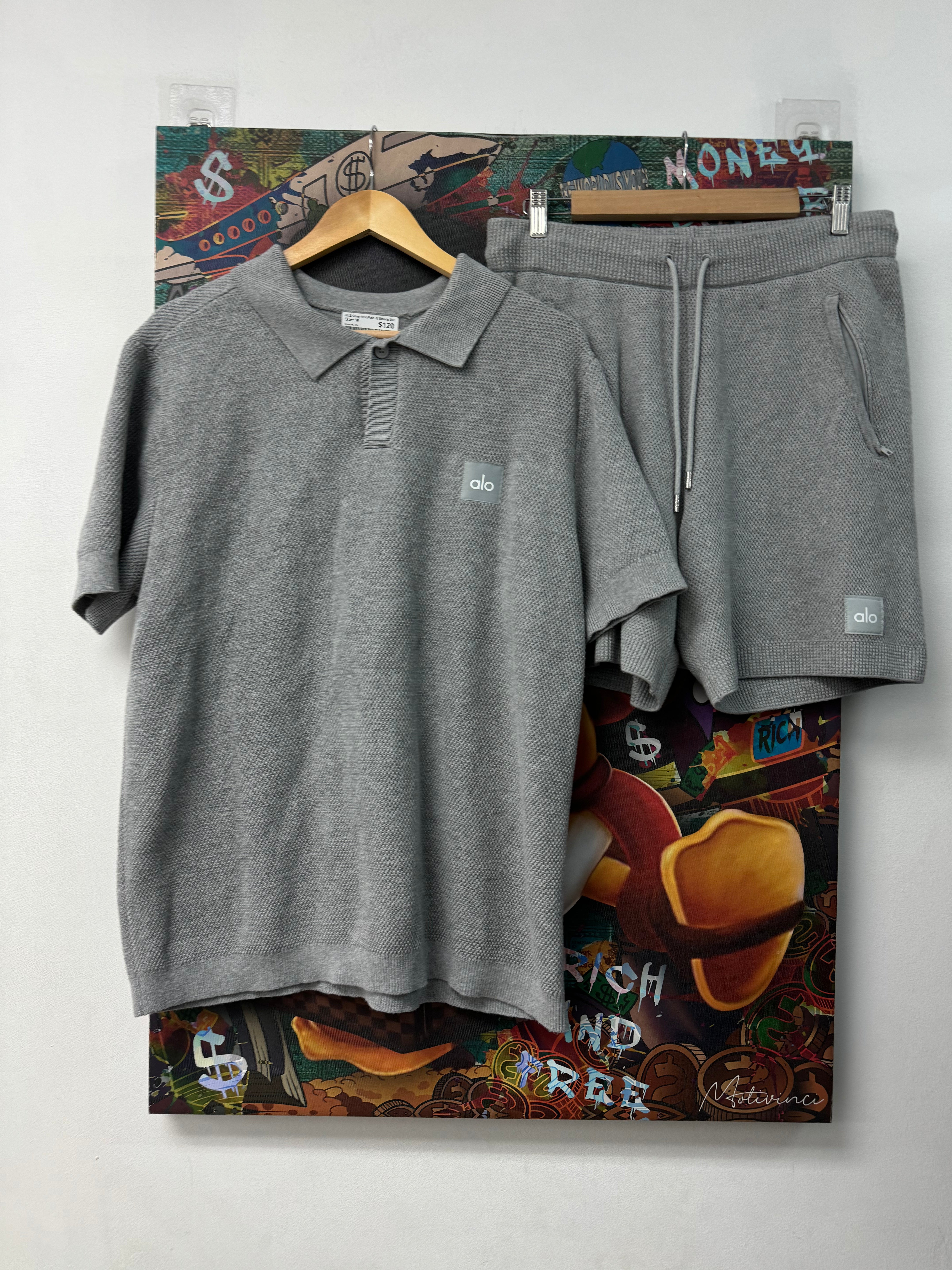 ALO Grey Knit Polo & Shorts Set