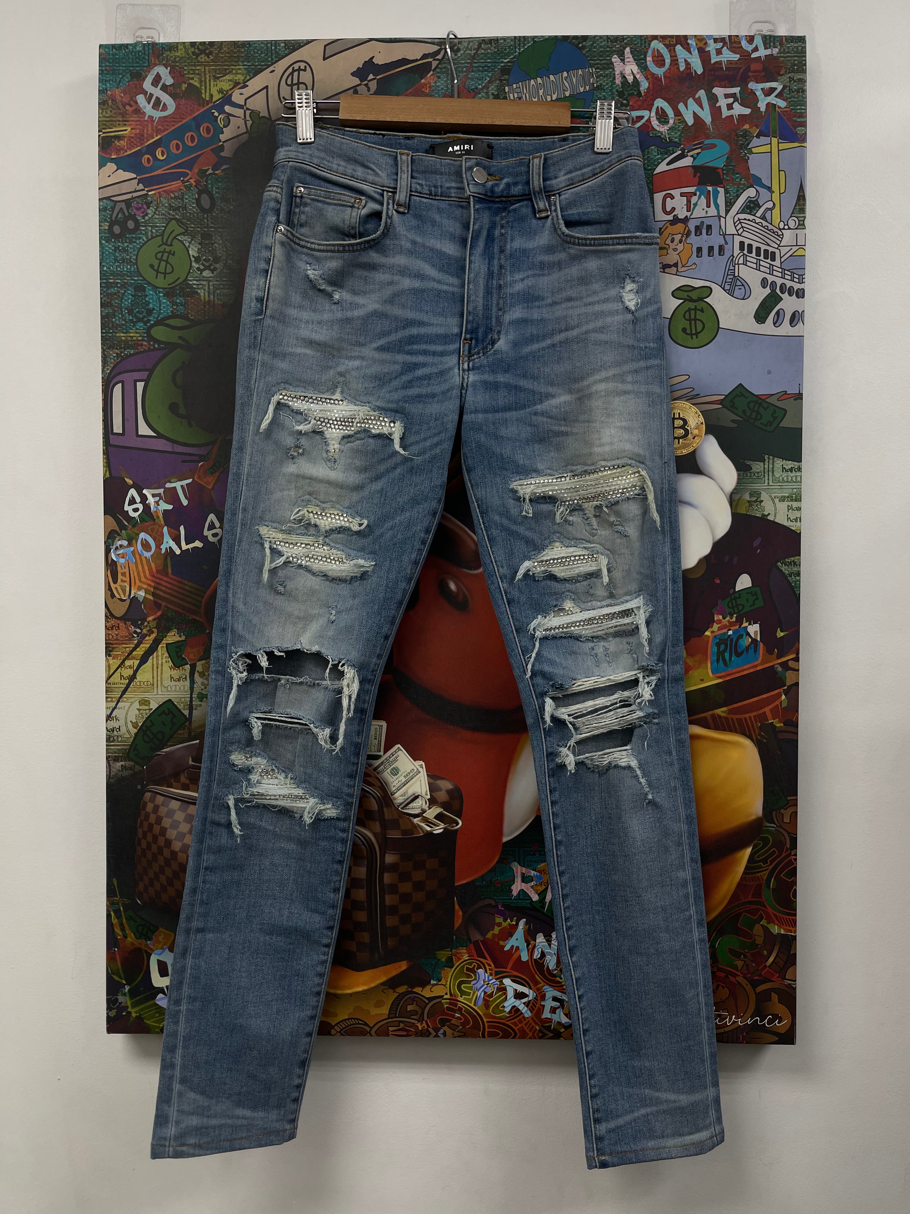 Amiri Light Wash Swarosvki Crystal Thrasher Patch Jeans