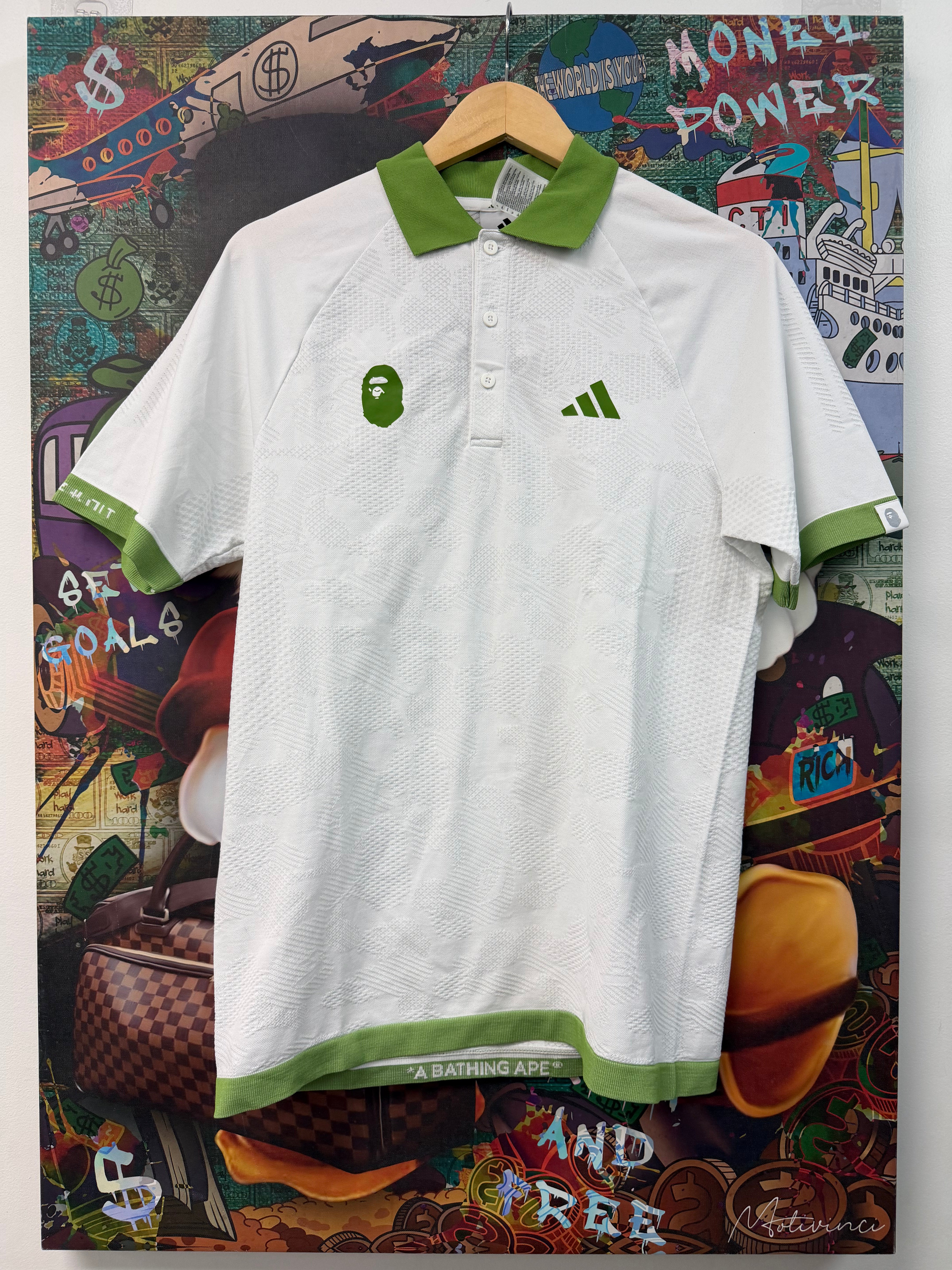 Bape White Green Adidas Button Up Polo Shirt