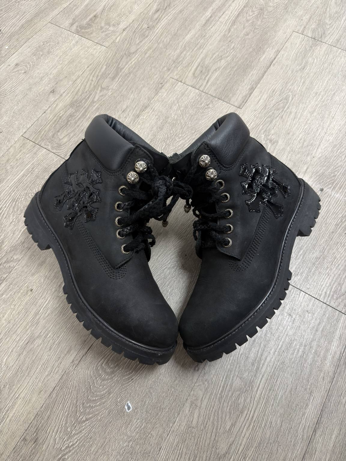 Chrome Hearts Black Patent Leather Cross Patch Timberland Boots