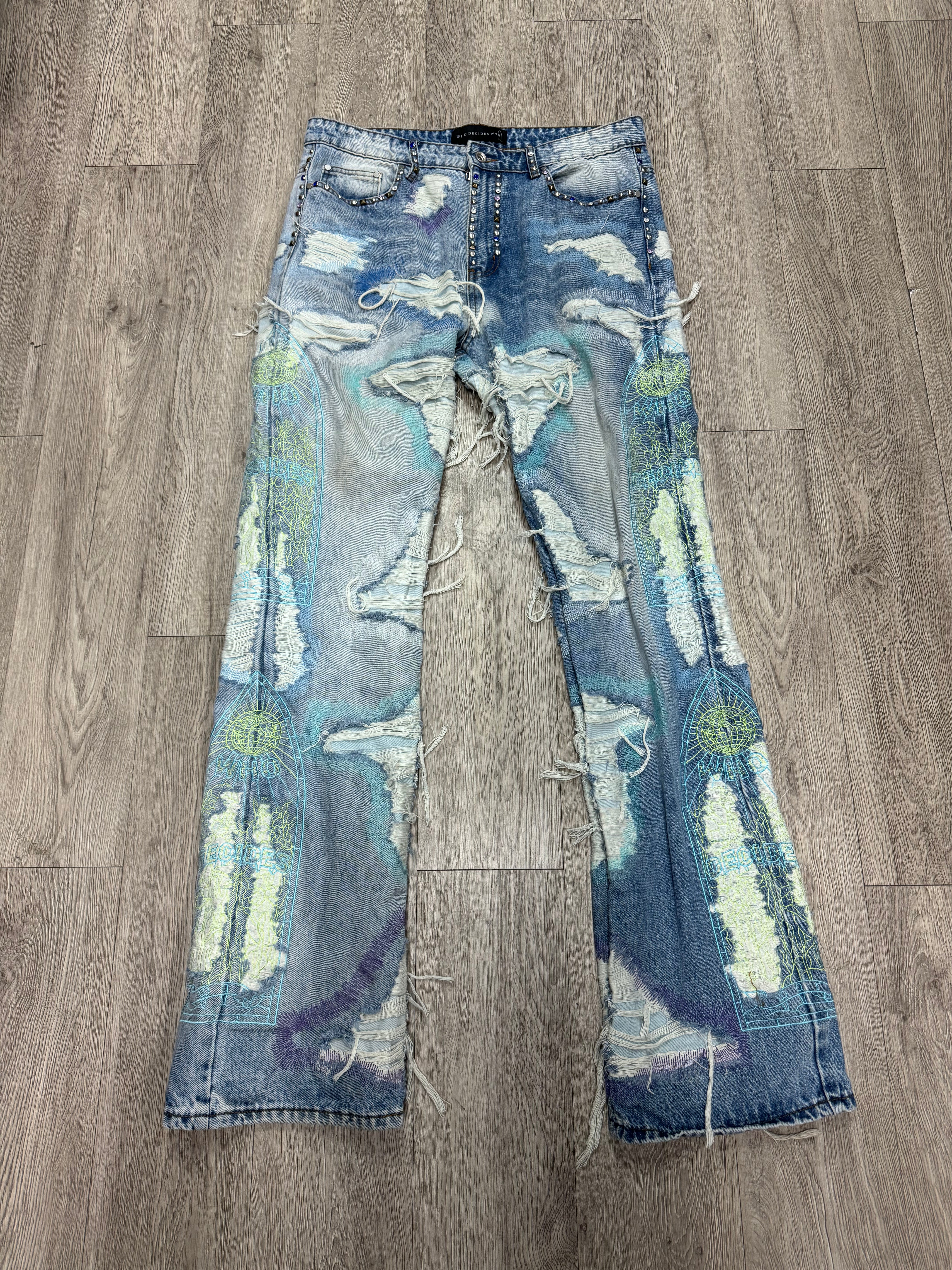 Who Decides War Light Wash Neon Blue Purple Studded Jeans