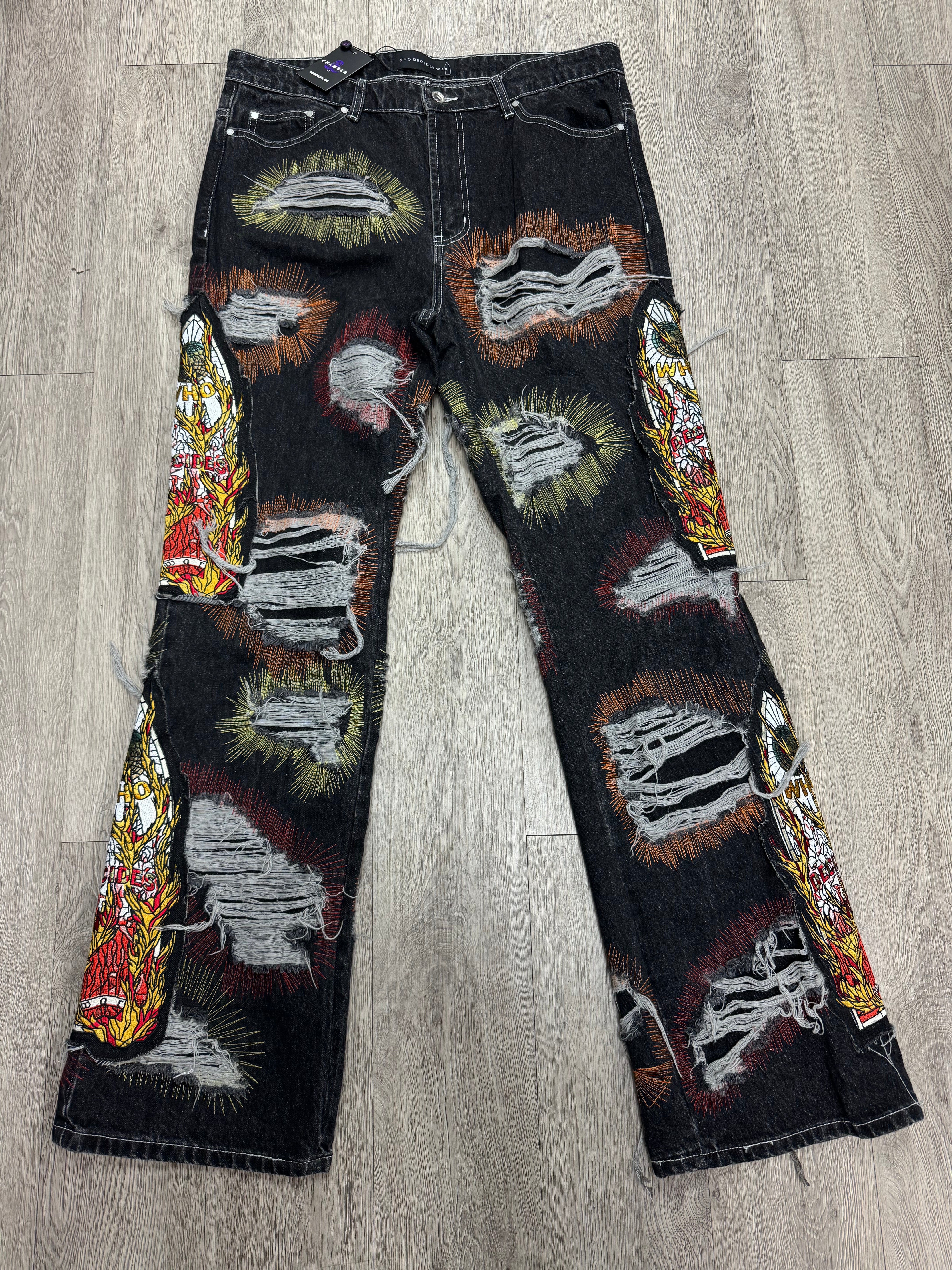Who Decides War Black Red Orange Flame Jeans