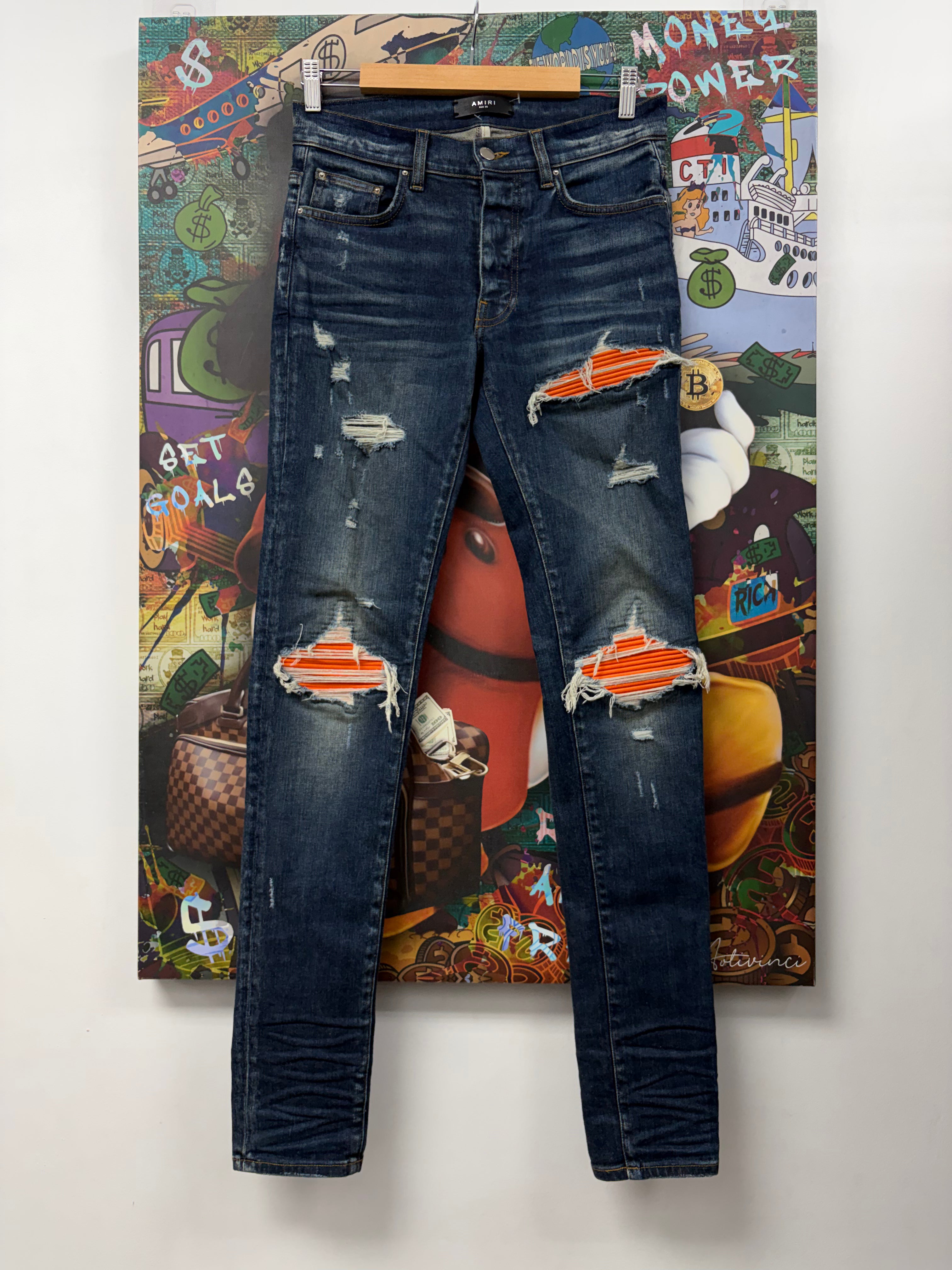 Amiri MX1 Navy Wash Orange Suede Patch Jeans