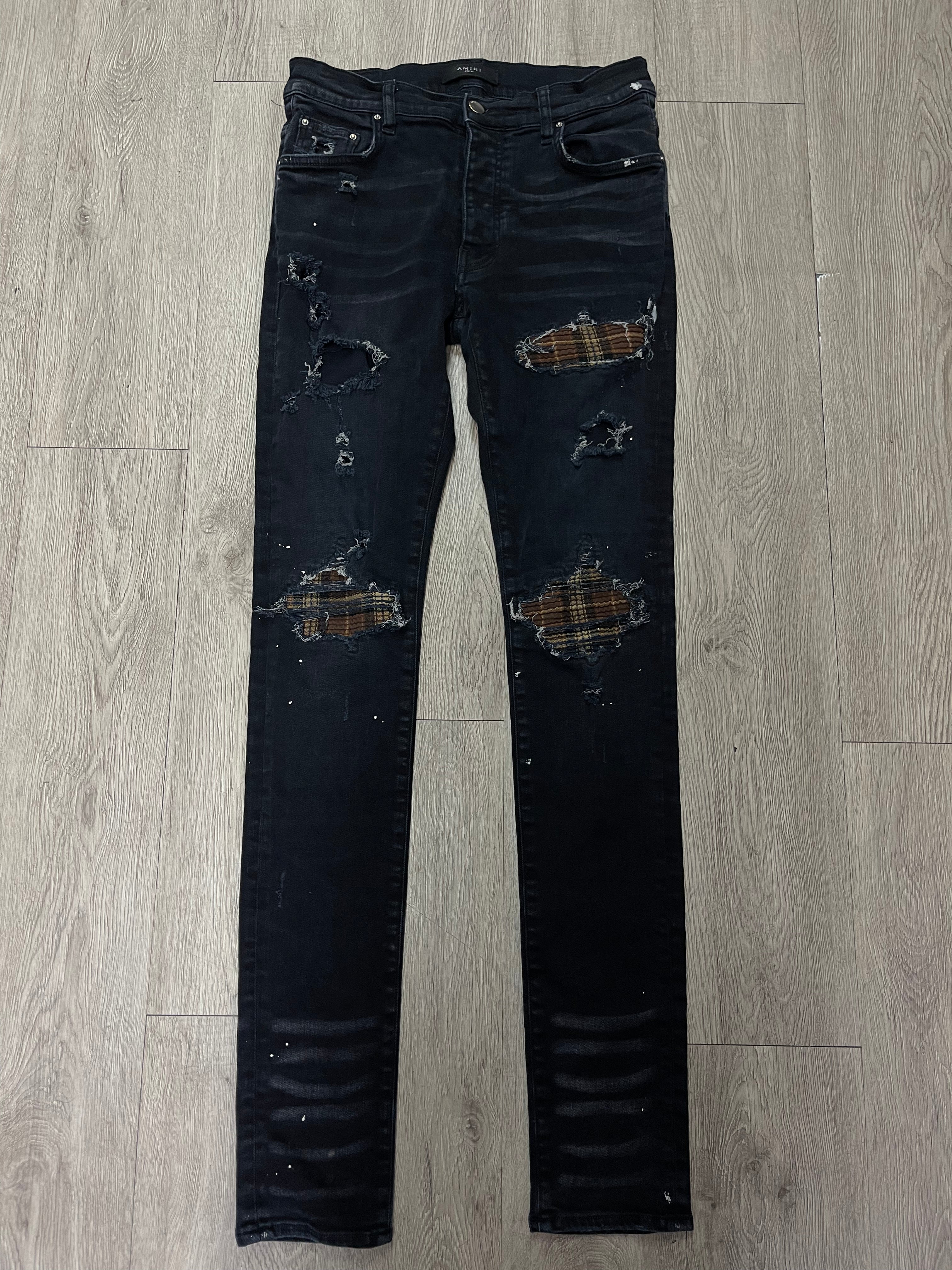 Amiri MX1 Black Wash Brown Plaid Patch Jeans