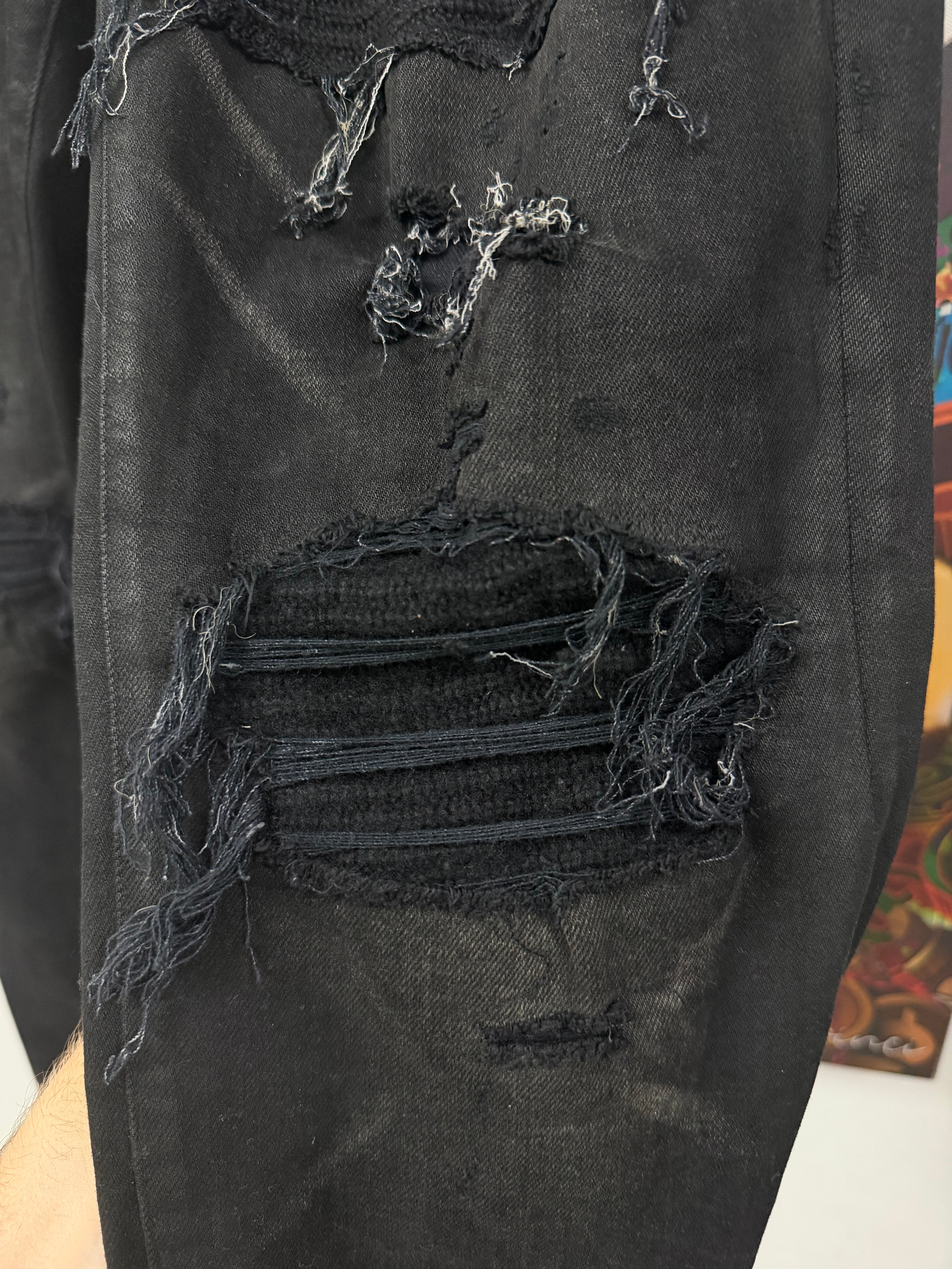 Amiri MX1 Black Wash Wool Distressed Patch Jeans