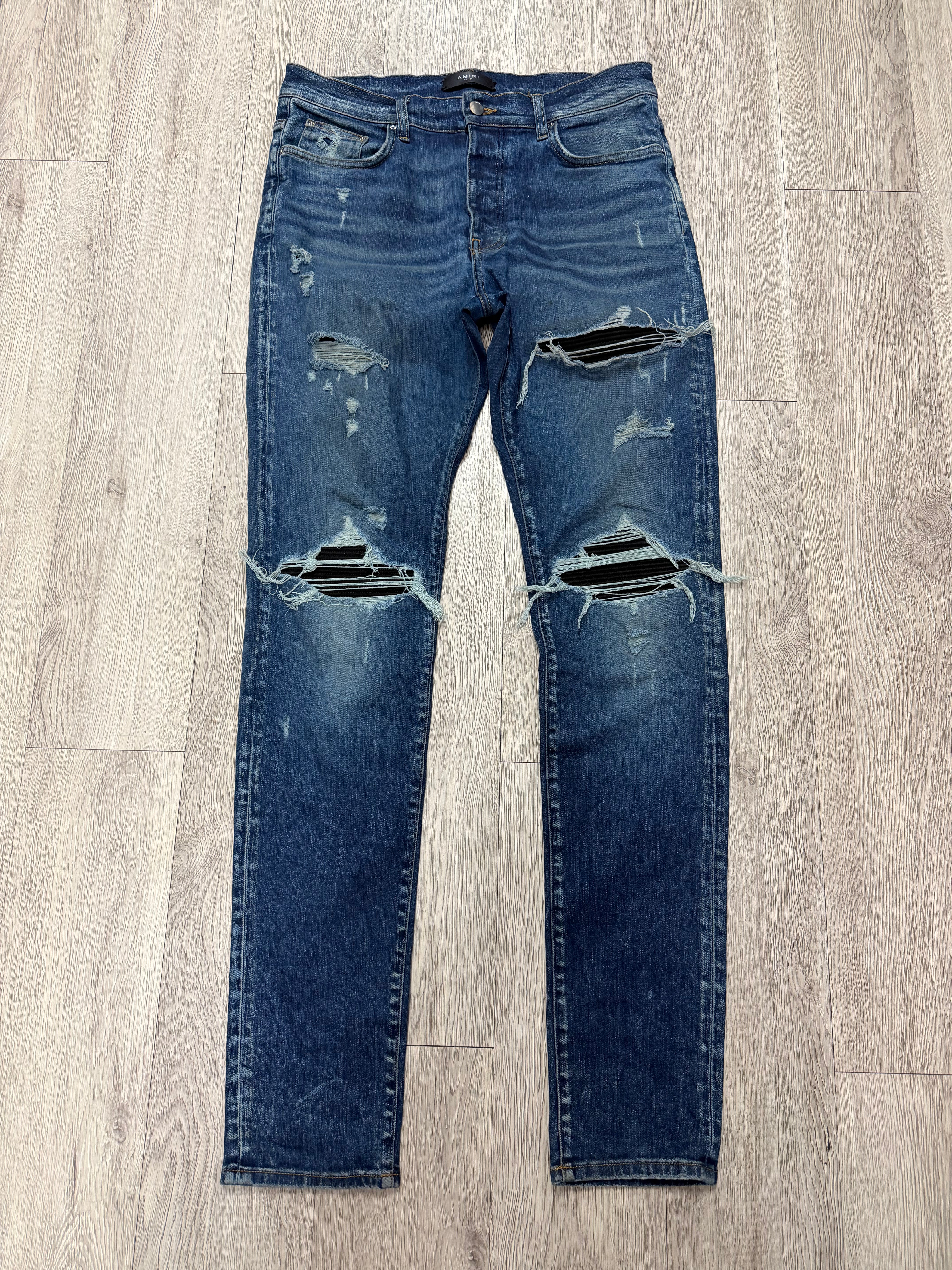 Amiri MX1 Navy Wash Black Suede Patch Jeans