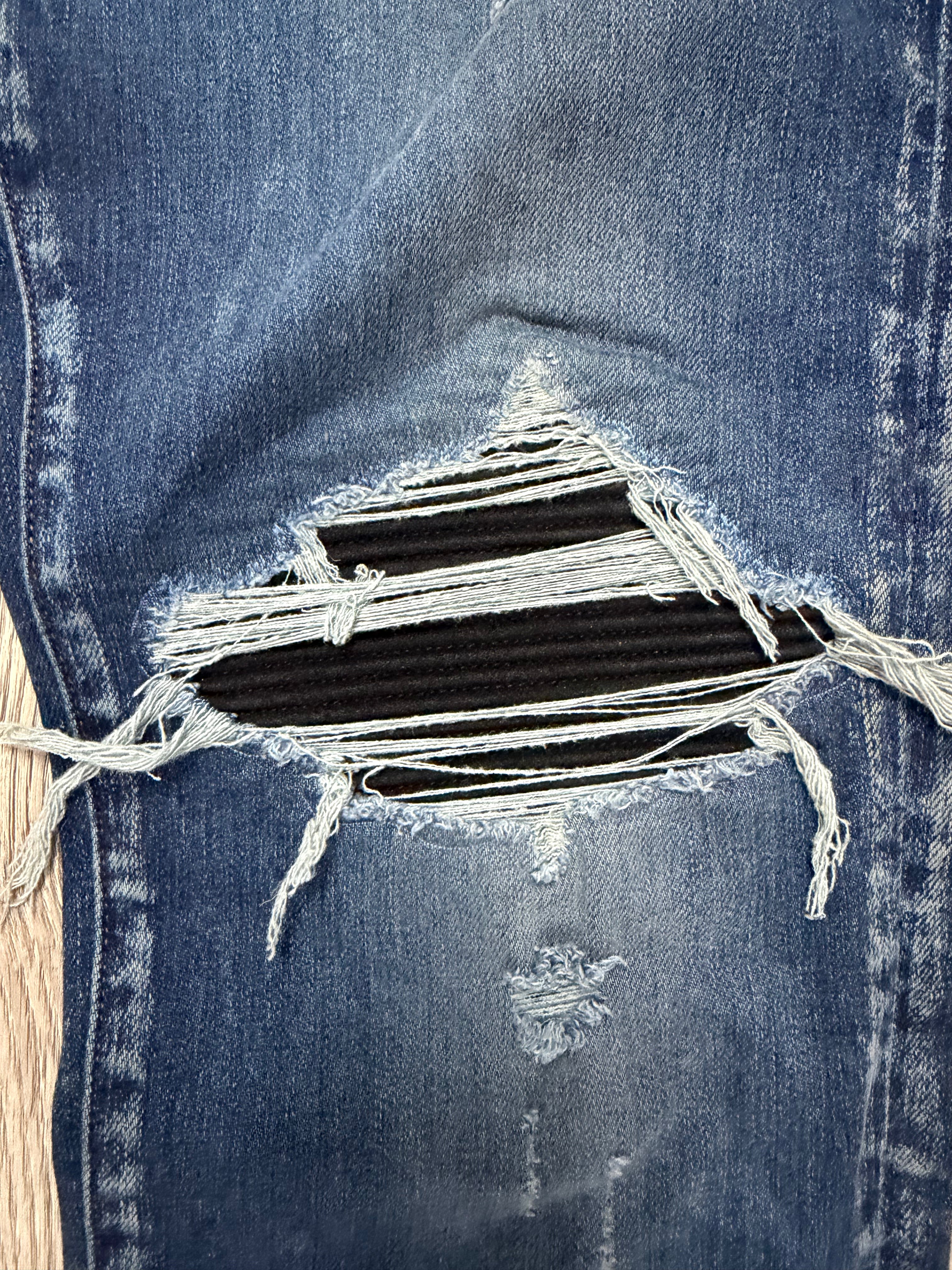 Amiri MX1 Navy Wash Black Suede Patch Jeans