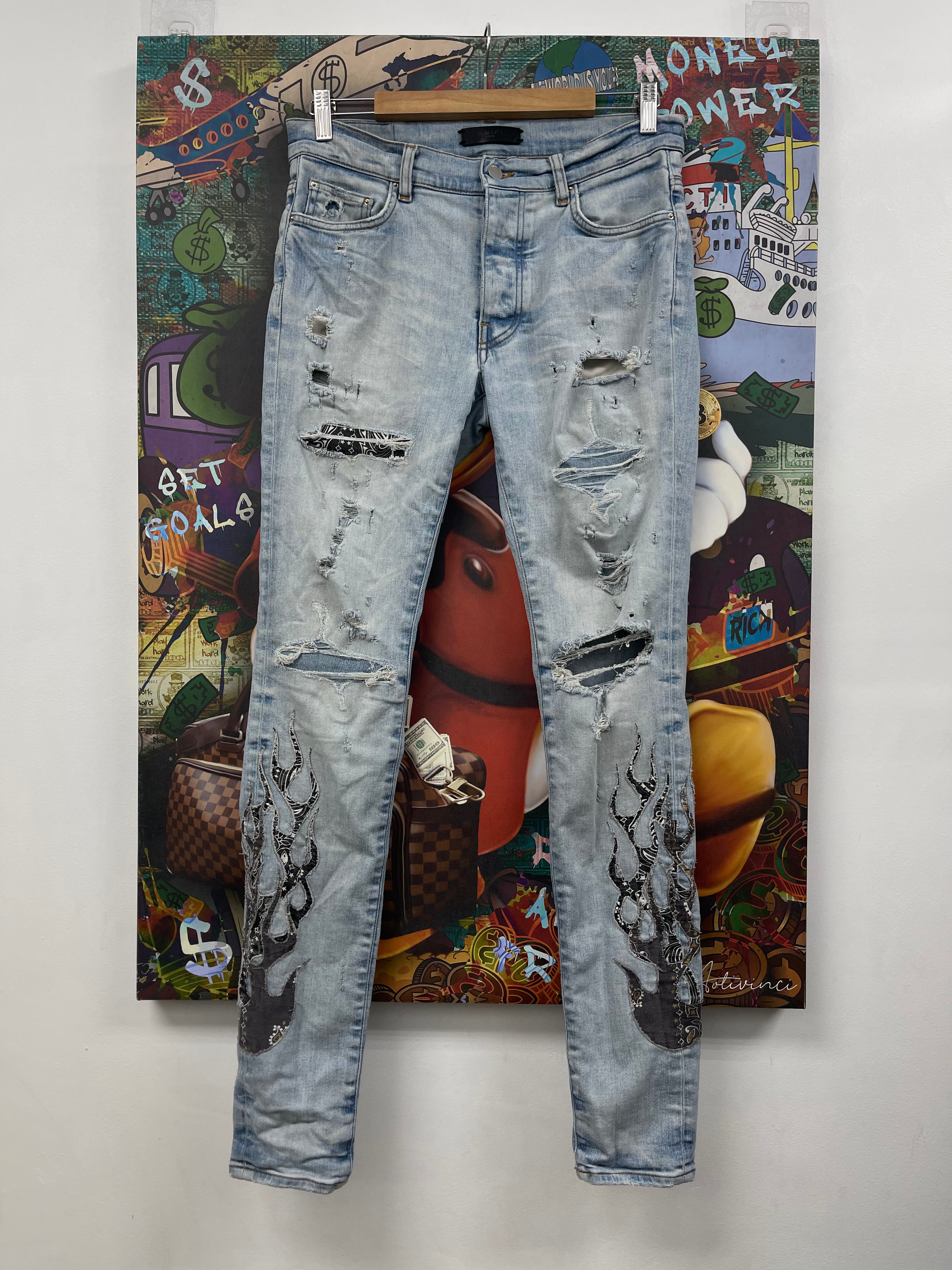 Amiri Light Wash Paisley Flames Jeans