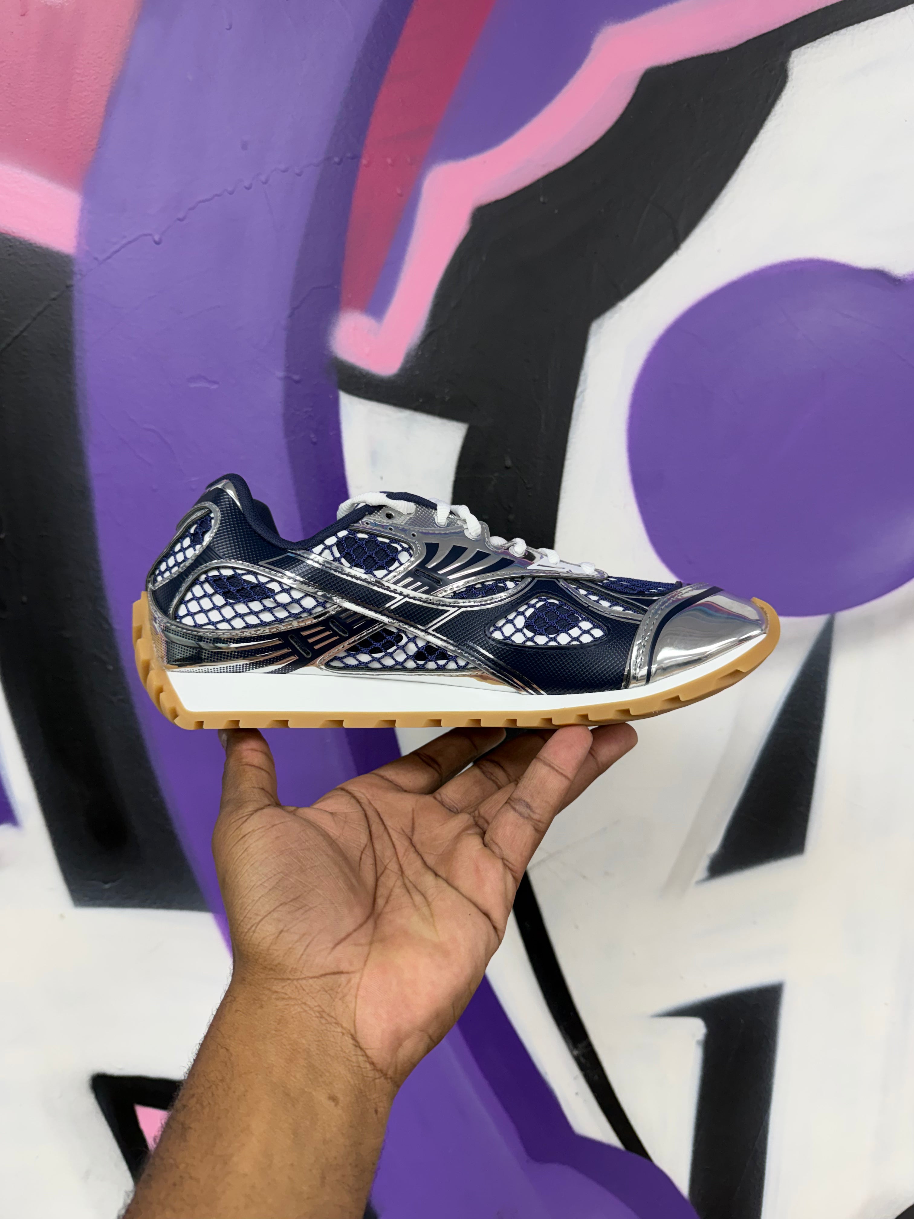 Bottega Veneta Navy Silver Orbit Sneakers