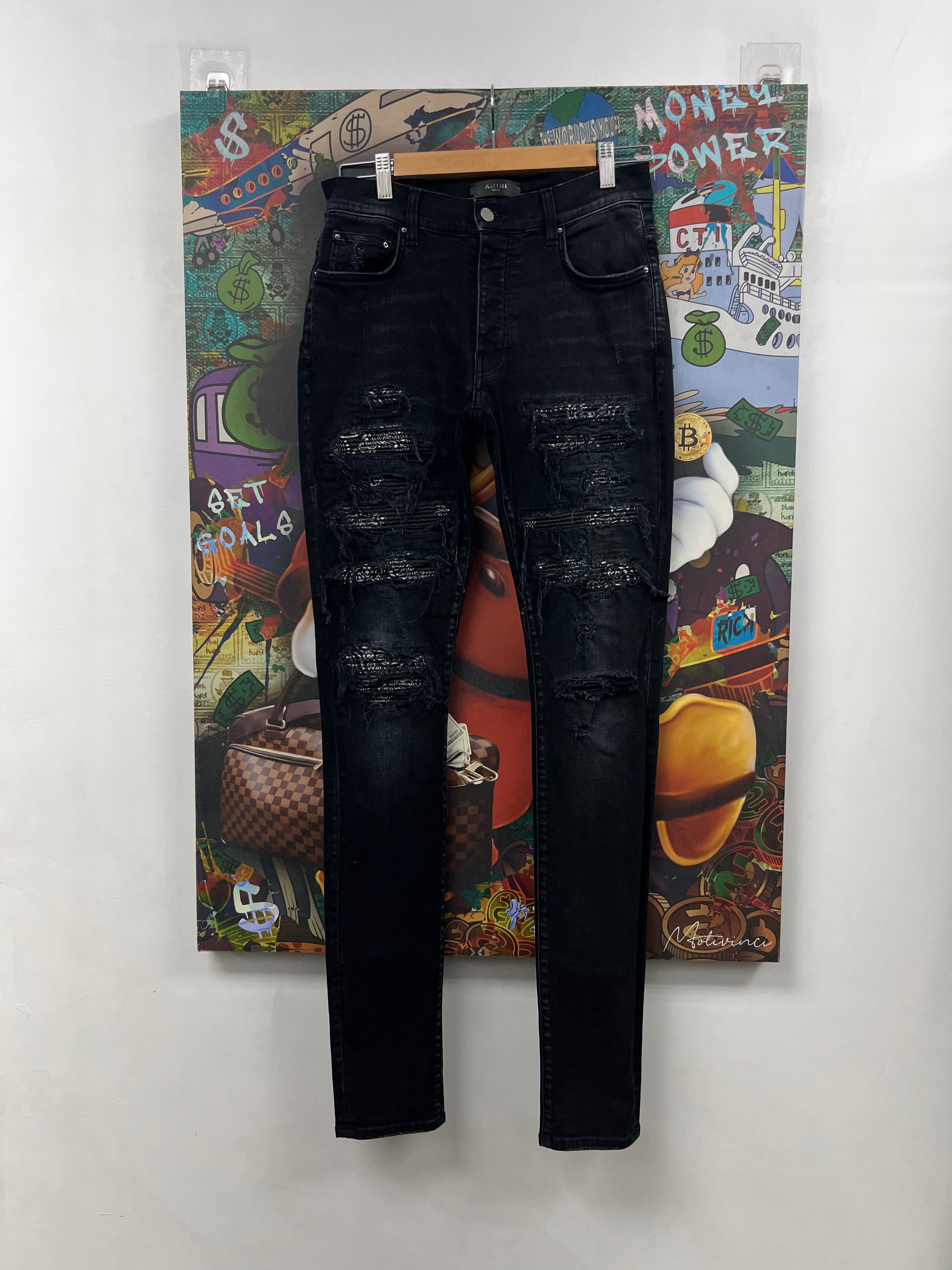 Amiri Black Wash Paisley Thrasher Patch Jeans