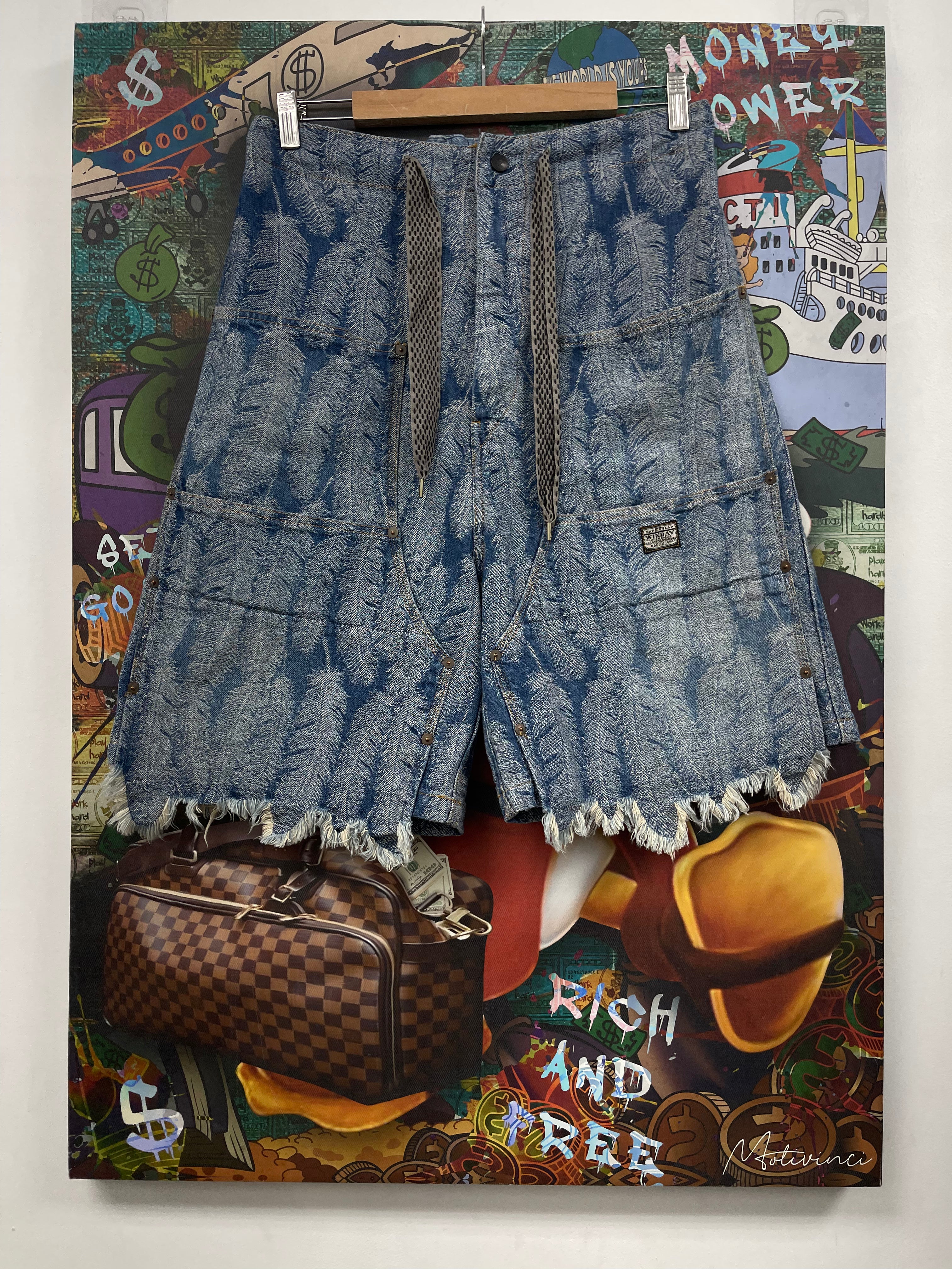 Kapital Blue Double Knee Feather Jean Shorts