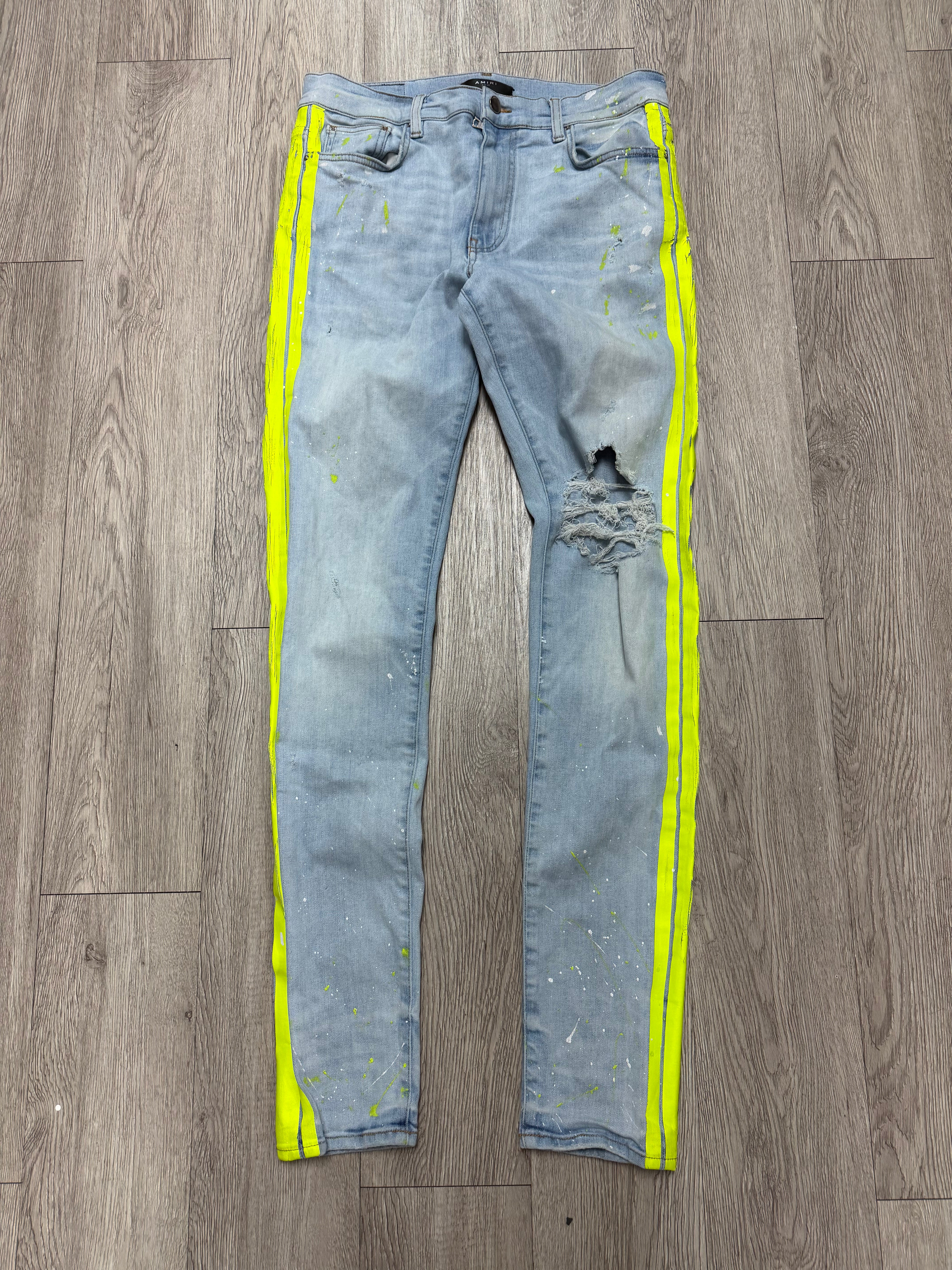 Amiri Light Wash Neon Stripe Paint Splatter Jeans