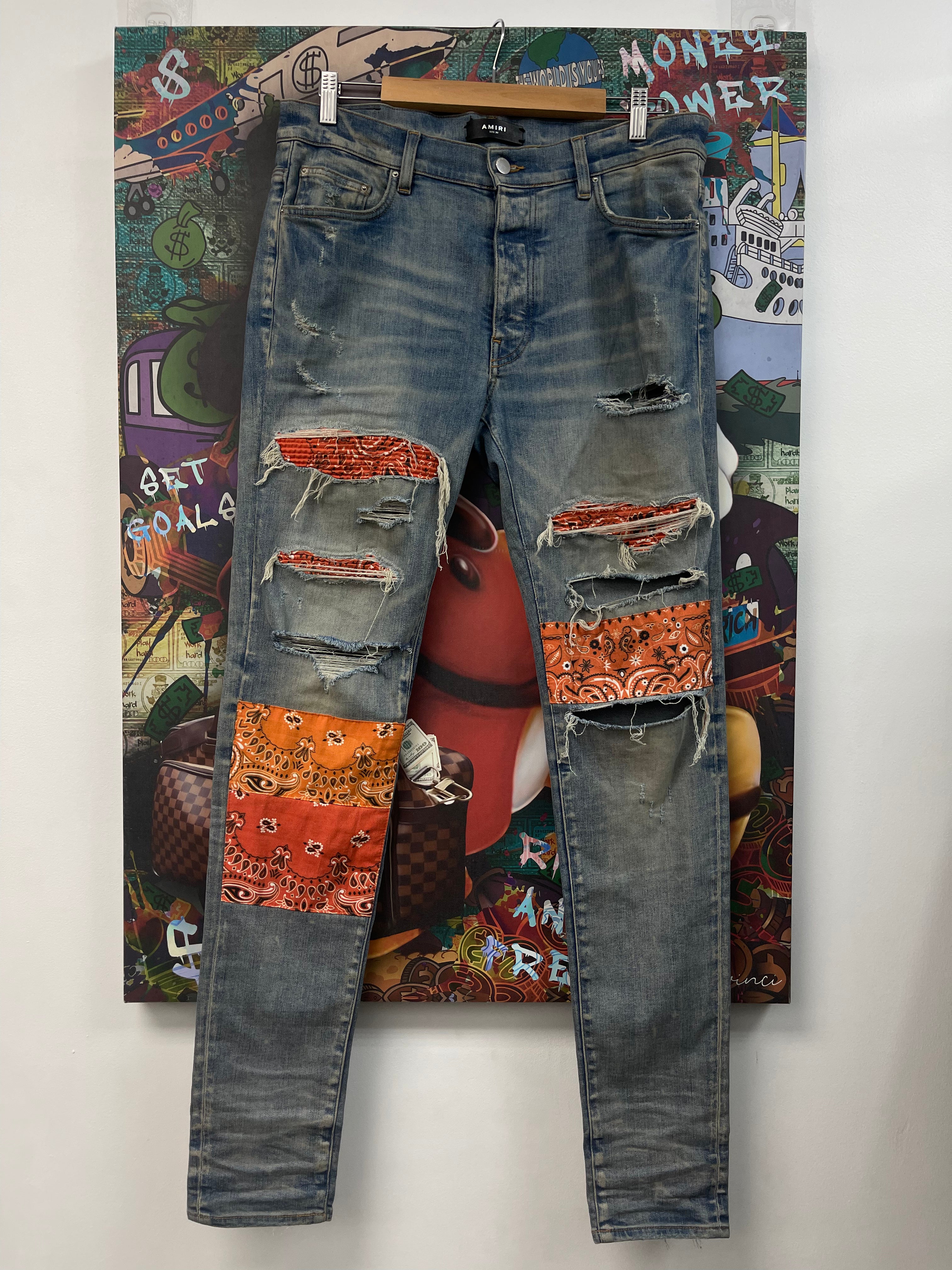 Amiri Light Wash Orange Paisley Thrasher Used 32