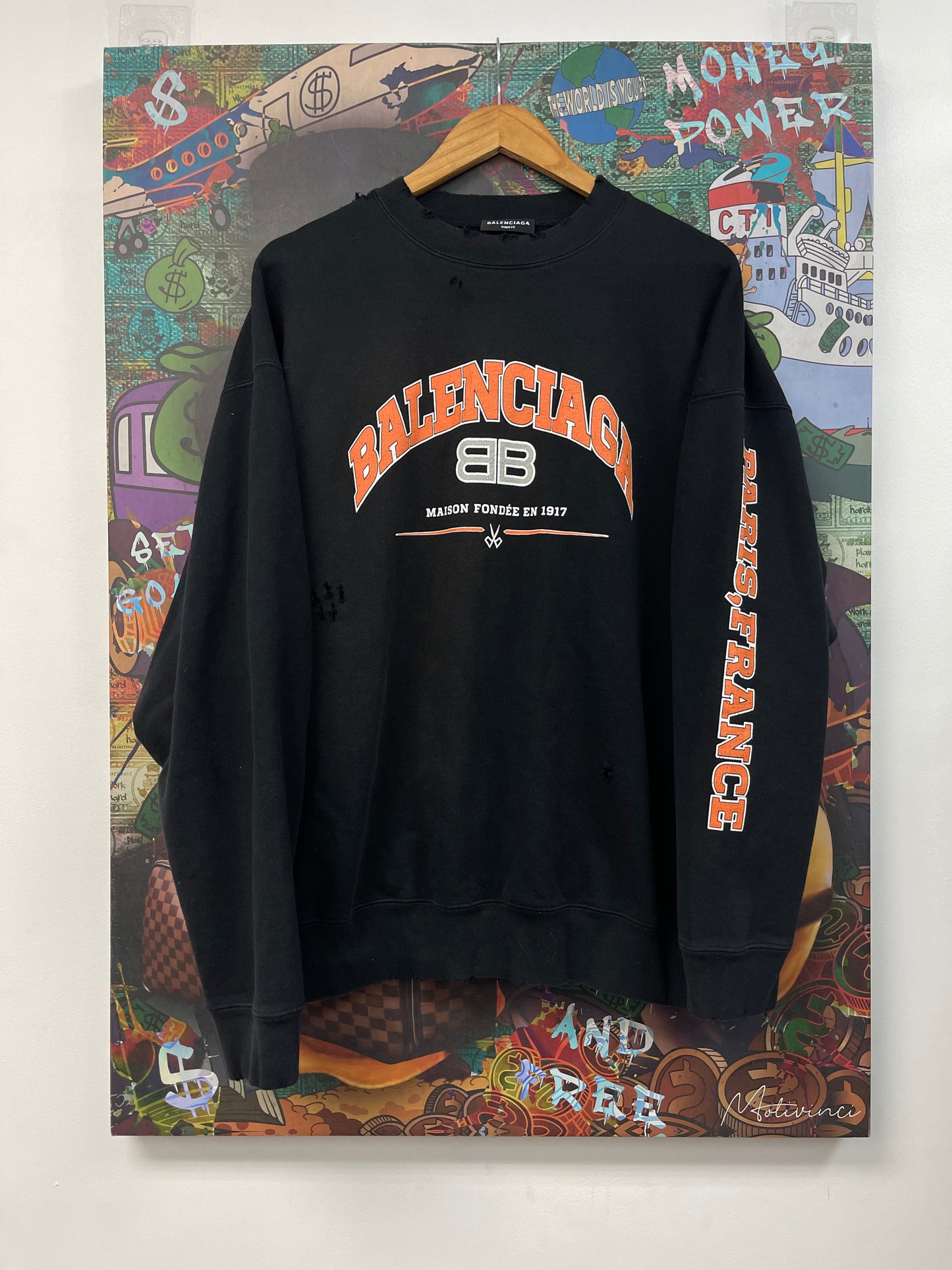 Balenciaga BB Distress Orange Black Maison Crewneck
